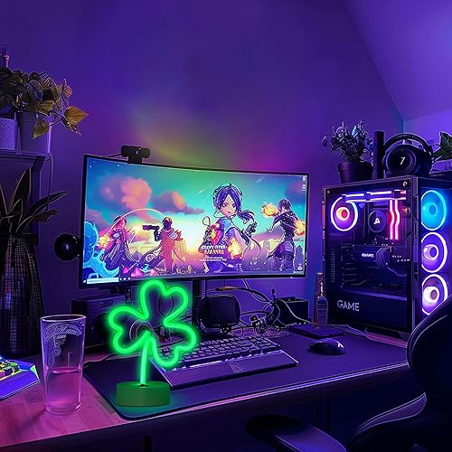 Miniatura 5 de ENUOLI Luces de Letreros LED de Neón con Forma de Trébol Verde, Luz Nocturna de Neón Alimentada por USB y Batería, Lámpara Nocturna, Mejores Luces