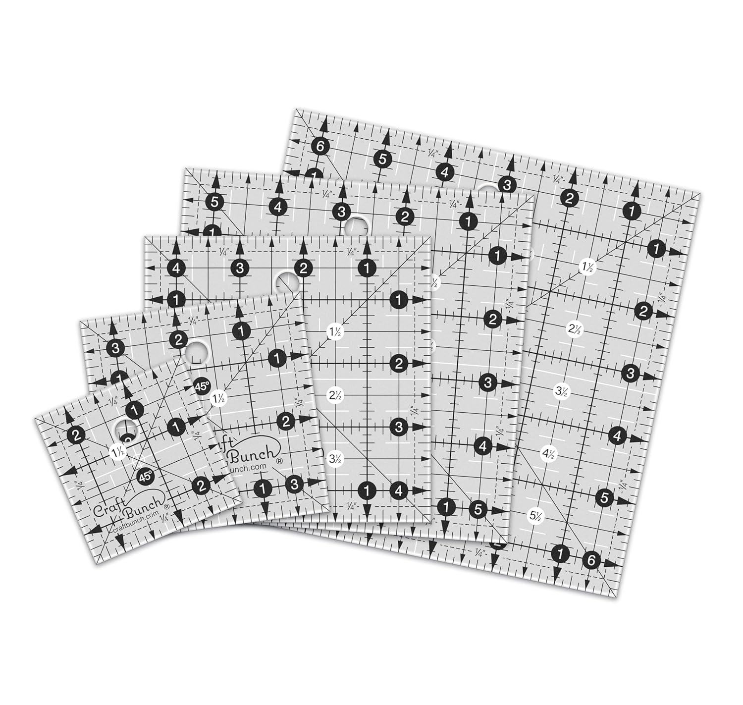 5 Non-Slip Square Quilt Template Rulers - 2.5", 3.5", 4.5", 5.5", 6.5"