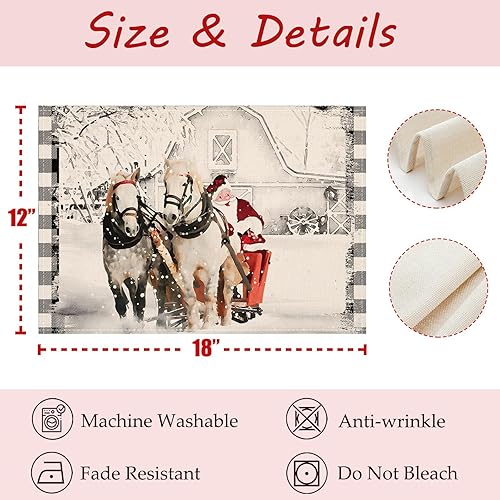 Miniatura 6 de ARTHMOM Juego de 4 manteles individuales de Navidad con diseño de caballo de Papá Noel, diseño de búfalo negro, 12 x 18 pulgadas, para vacaciones,