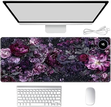 Heated Mouse Pad Hand Warmer, Warm Desk Pad Mousepad Desk Mat with 3 Levels Heating and Auto Shut Down 31.5 x 13 inch PU Leather Warmer Keyboard Mat for Gaming Laptop Office Home, Purple Flower