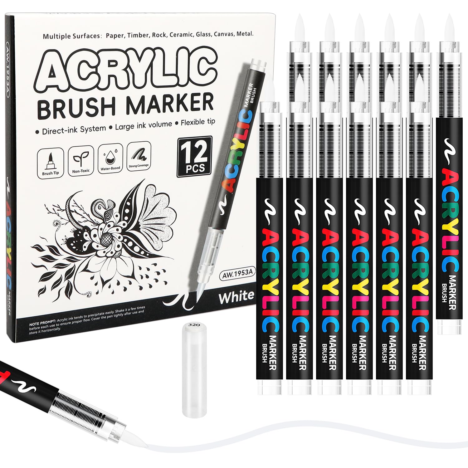 MOTIBACK 12-Pack Acrylic Paint Markers, Direct Ink Permanent Markers for Rock Glass Wood Fabric DIY Crafts, Fine to Broad Tips 1-5mm (White)