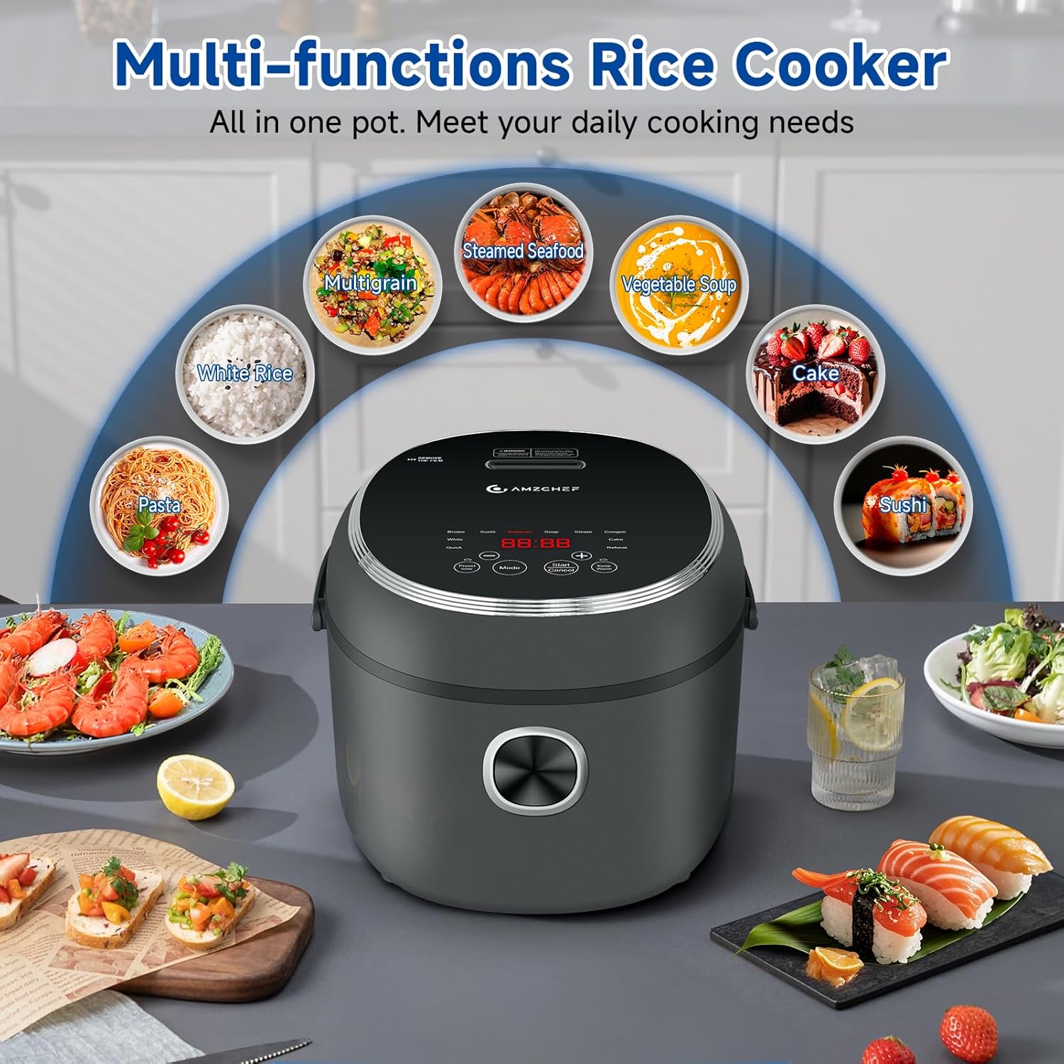 AMZCHEF rice cooker displaying various cooking functions like white rice, multigrain, steamed seafood, vegetable soup, cake, and sushi
