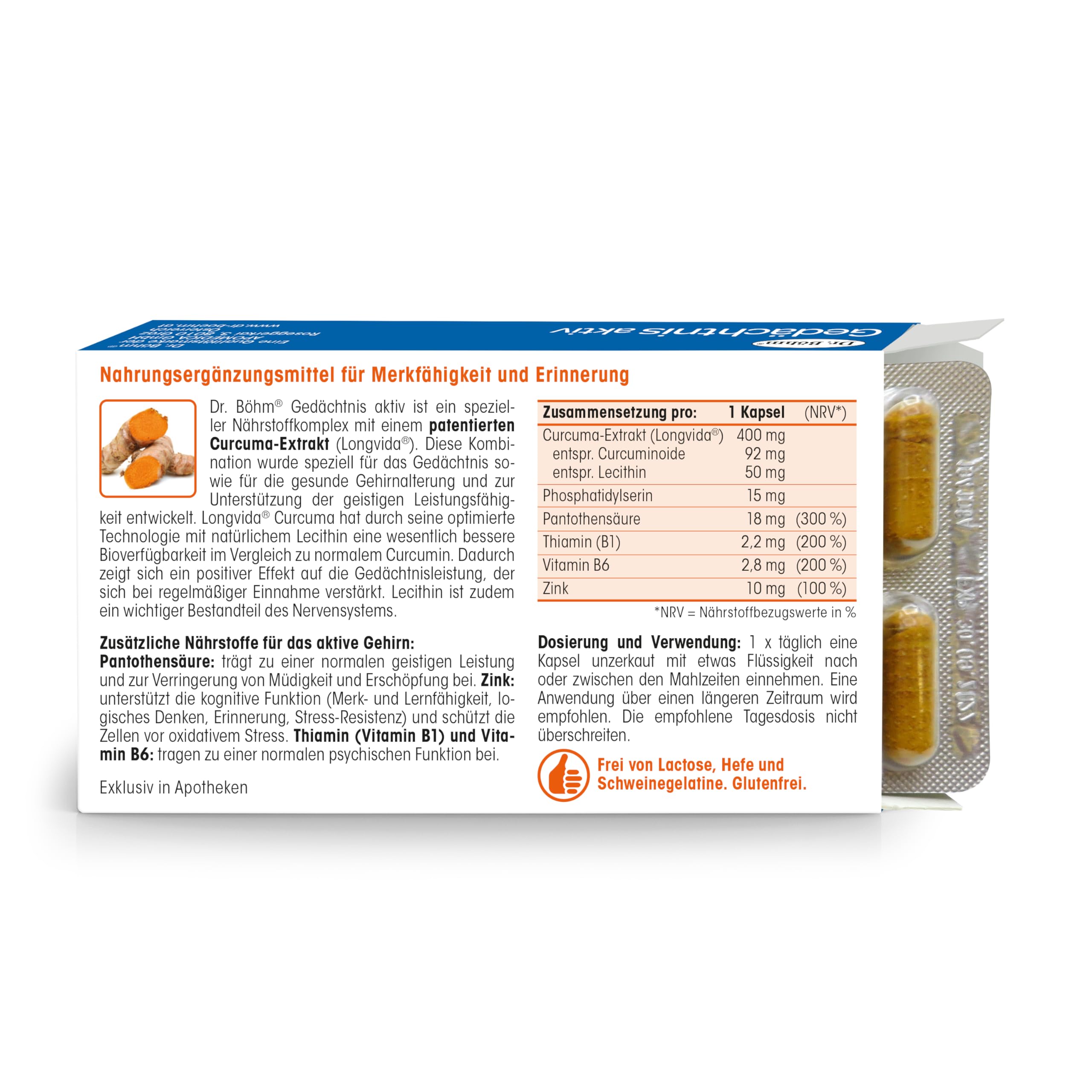 Dr. Böhm Gedächtnis aktiv: Für Merkfähigkeit und Erinnerung mit Curcuma-Extrakt, B-Vitaminen, Zink und Lecithin-Komplex, 60 Kapseln