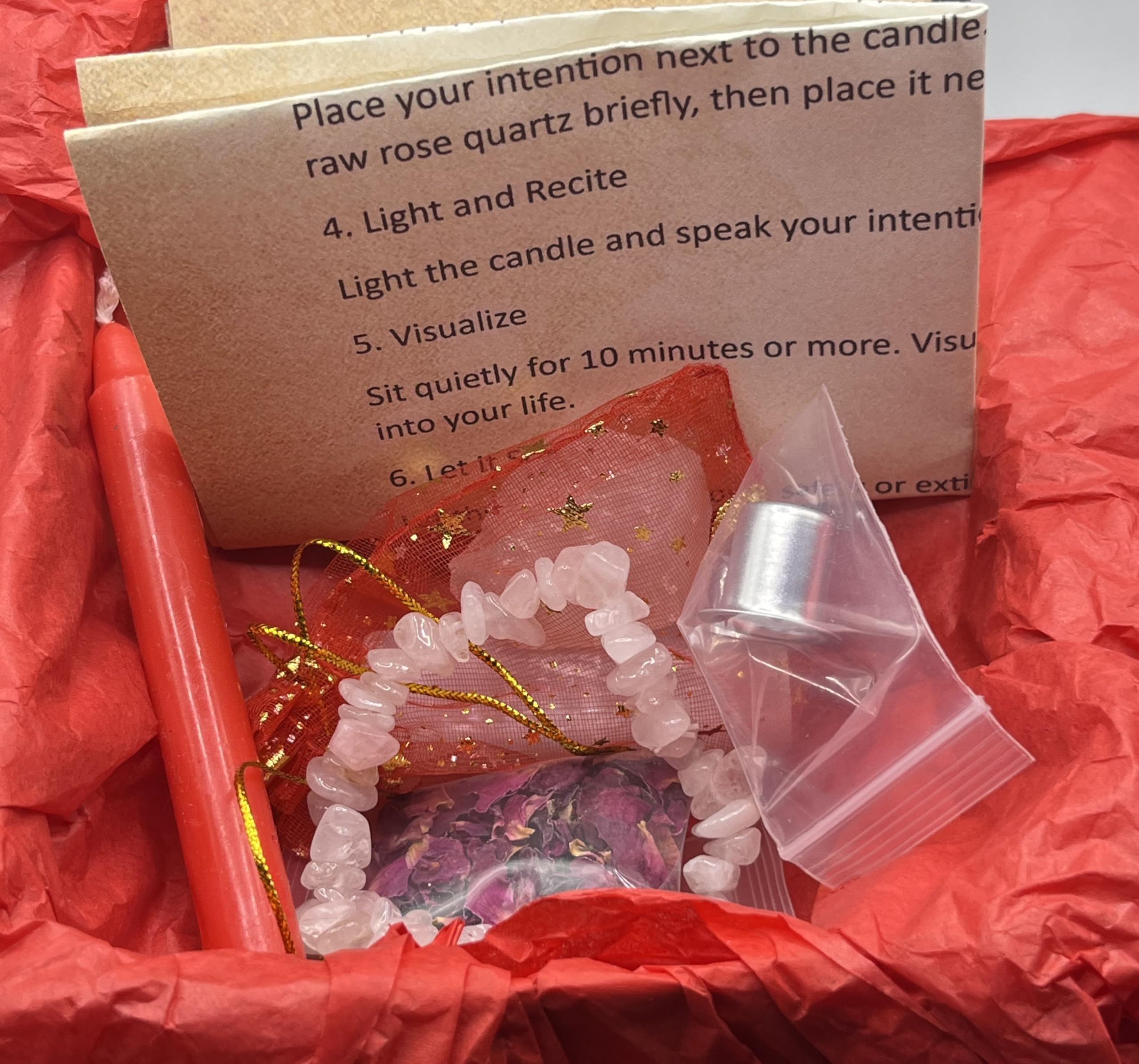 Love Spell in a Box – eMystics | Handmade Ritual Kit with Red Candle, Holder, Rose Quartz Crystal & Bracelet, Incense, Petals, Selenite – Spell-Infused, Blessed with Holy Water, Instructions Included