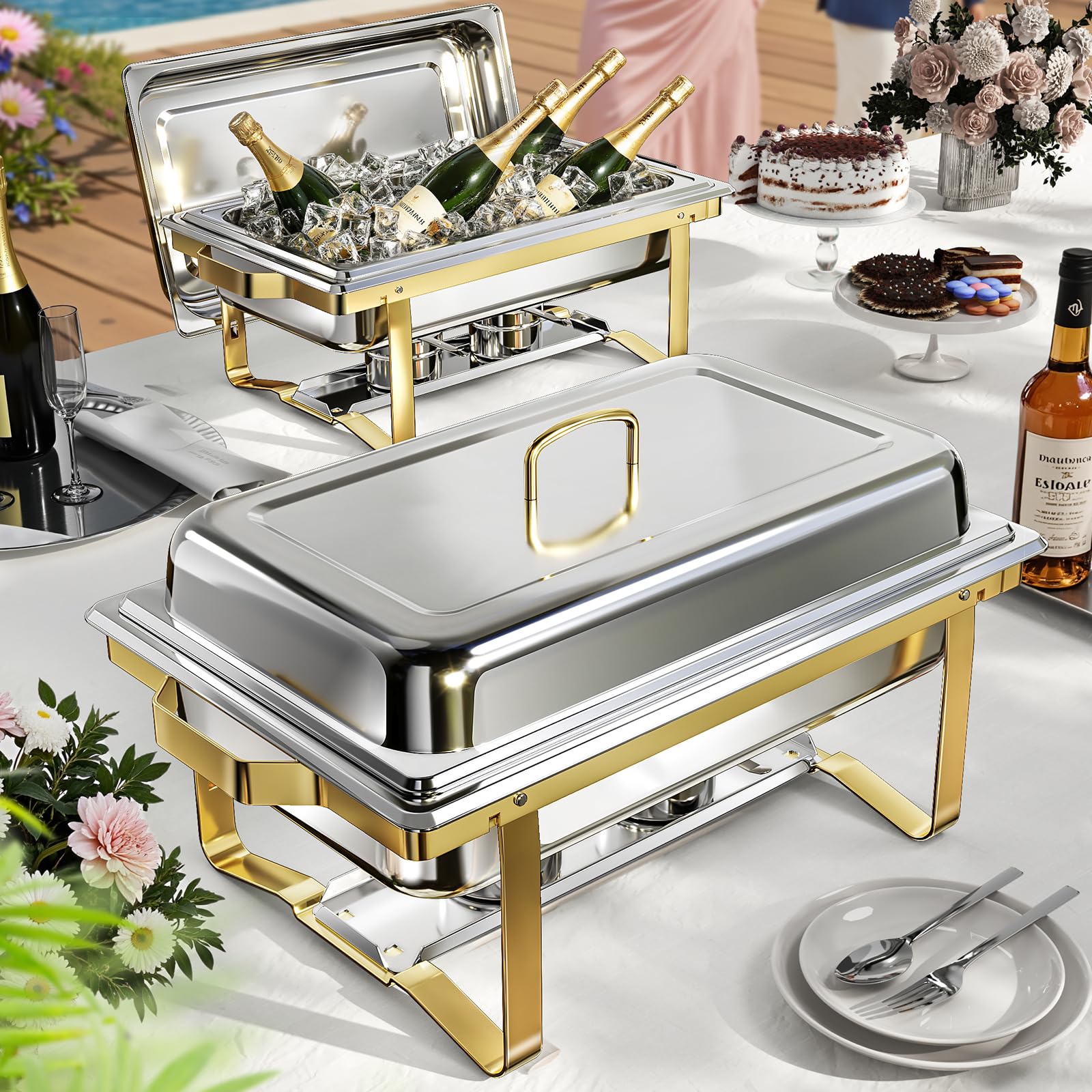 Chafing Dishes for Buffet 4 Pack, 9QT Chafing Dish High Grade Stainless Steel Chafer Complete Set, Steel Handle Catering Events Complete Buffet Warmer Set (Gold, 2)