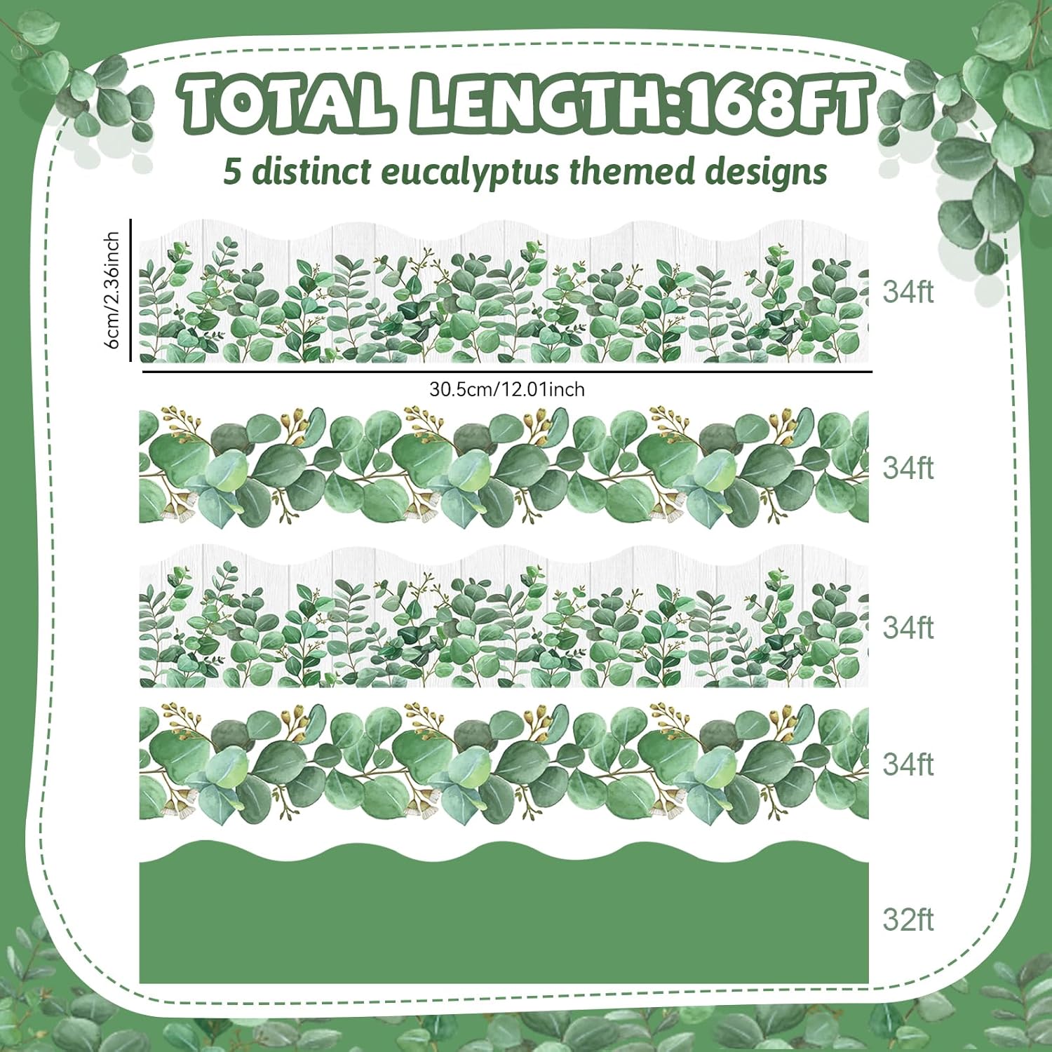 168ft Bulletin Board Borders Decorations, Eucalyptus Classroom Decor, Eucalyptus Greenery Scalloped Border Trim for Teacher School Office Supplies Classroom Door Wall Decor, 5 Patterns