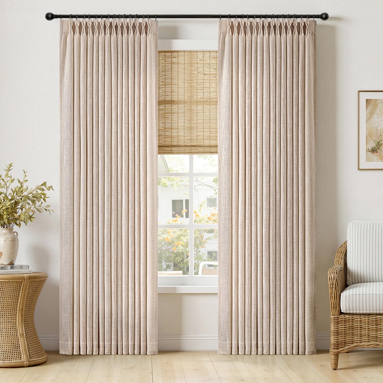 Photo 1 of MIULEE Pinch Pleated Thick Linen Curtains 96 Inches Long 2 Panels for Living Room Bedroom, Memory Trained Pleat Drapes Light Filtering Sand Beige Semi Sheer Window Curtains Hooks Rings Back Tab