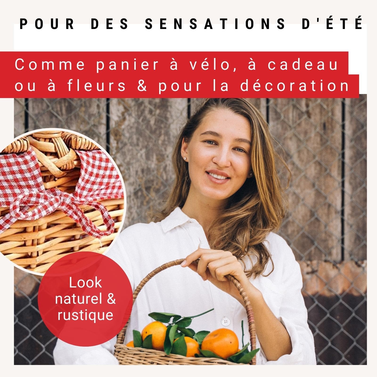 WOMA Panier en Osier Avec Doublure Rouge à Carreaux Blancs - Naturel Tressé Avec Couvercle & Anse - Pour Courses, Pique-Nique ou Cadeau