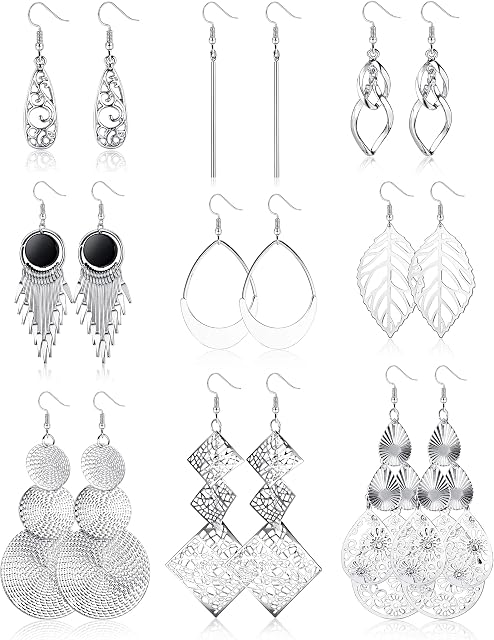 JeweBella 9 Pairs Drop Dangle Earrings Stainless Steel for Women Girls Boho Vintage Silver/Gold Tassel Drop Earrings Set Hypoallergenic Leaf Long Bar Earrings Fashion Jewellery