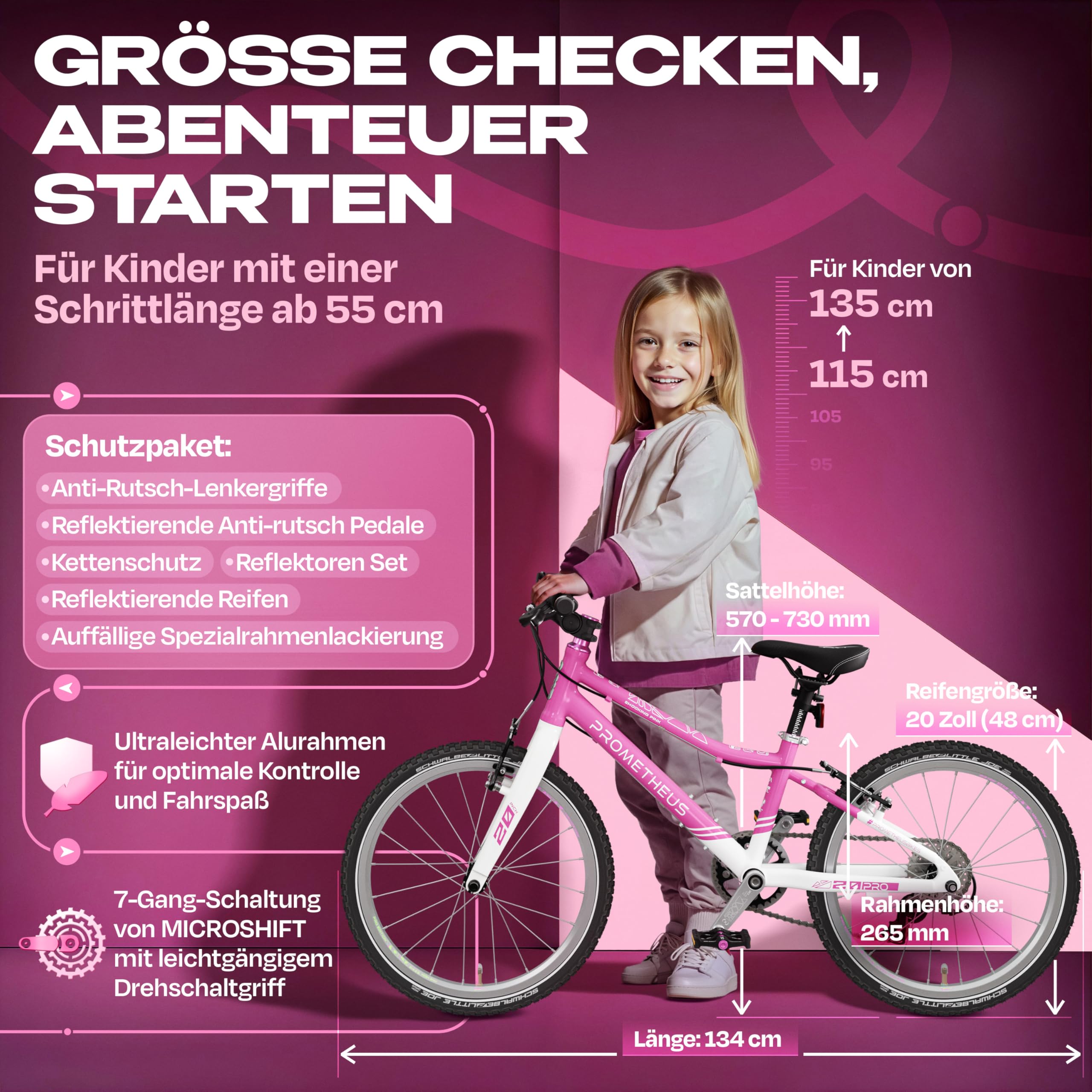 PROMETHEUS BICYCLES PRO Kinderfahrrad 20 Zoll Mädchen | Premium 20 Zoll Fahrrad Mädchen Pink Aluminium Super leicht ab 6 Jahre | 7 Gang Schaltung von Microshift