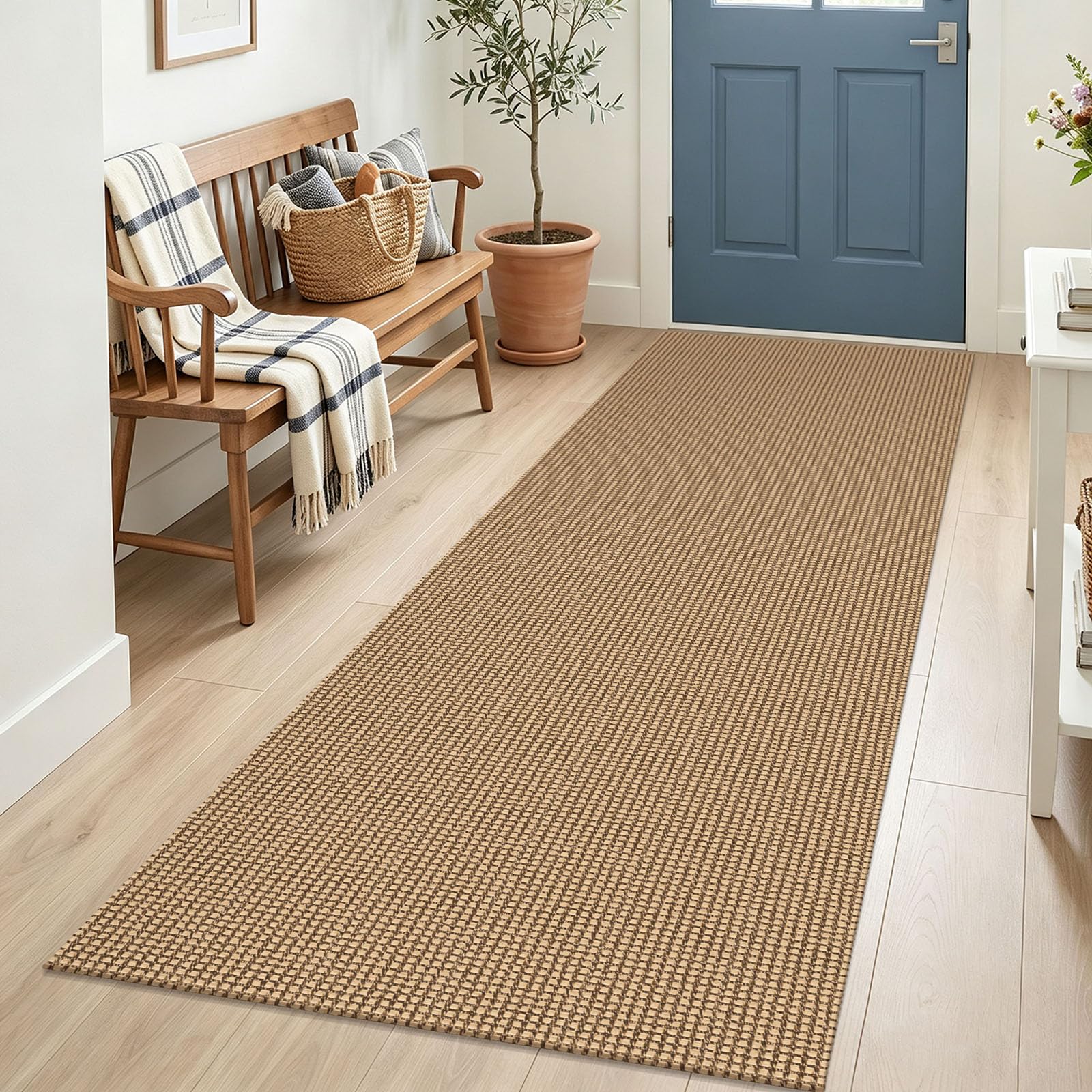 IOHOUZE Washable Runner Rug 3x7 Non Slip Rubber Backed Wide Hallway Runner Entryway Runner Indoor, Woven Kitchen Rugs Cotton Floor Carpet for Hall Entrance Bedroom, Orange/Tan/Brown