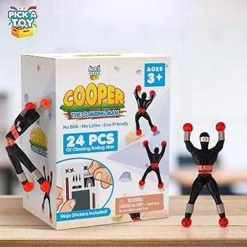 24 Sticky Wall Climbing Black Ninjas with DIY Costume Stickers Stretchy Window Crawlers, Mini Toys, Birthday Goodie Bag, for Kids Ages 3-12