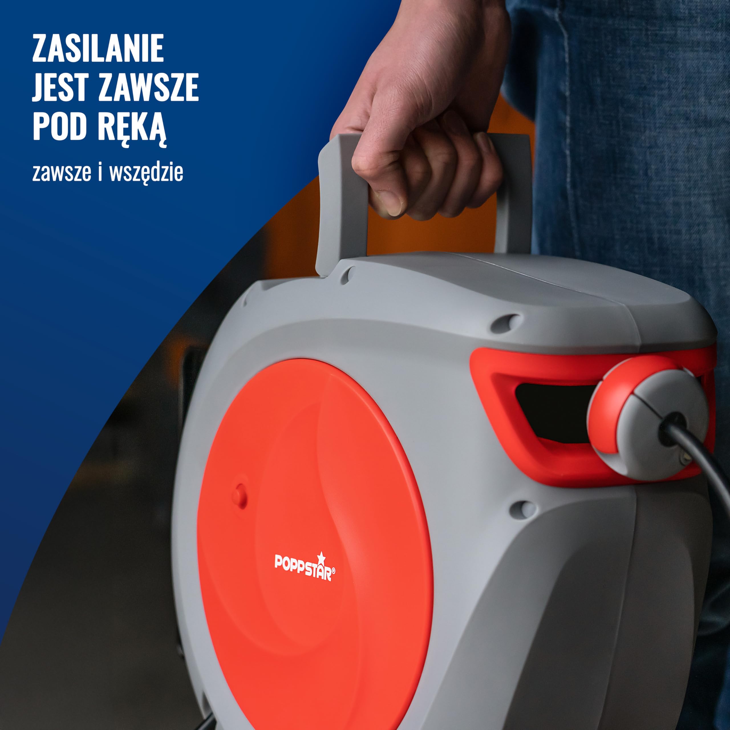 Poppstar kabel zwijany automatycznie na bębnie, dł.kabla: 20 m + 2 m (maks. 2500 W) automatyczny zwijacz kabla IP20, do montażu na ścianie i suficie
