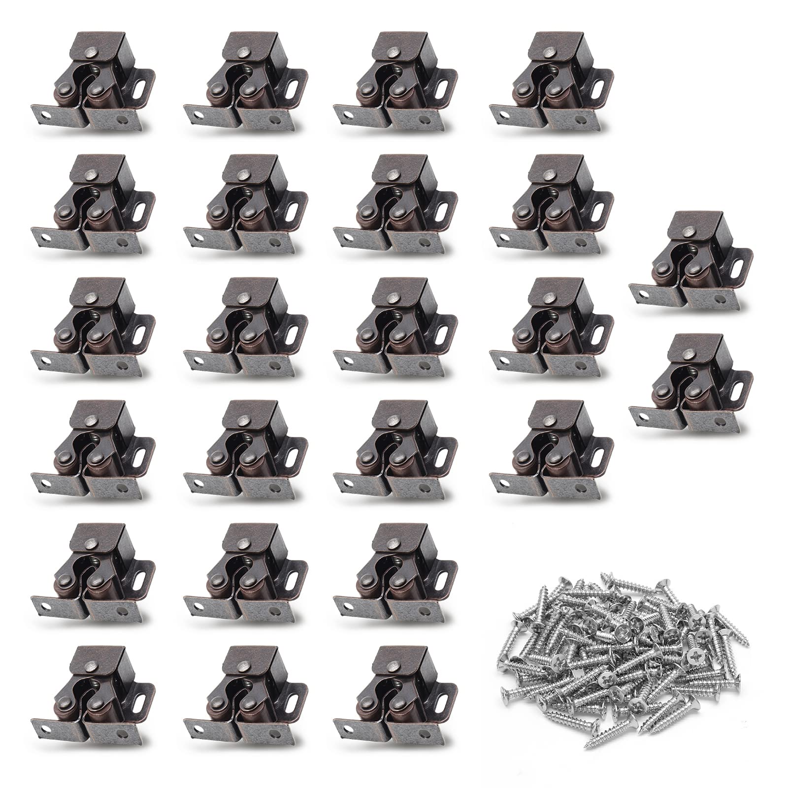 24 Pack Double Roller Catch Cabinet Latches with Spear Strike for Cupboard Closet Door, Antique Bronze
