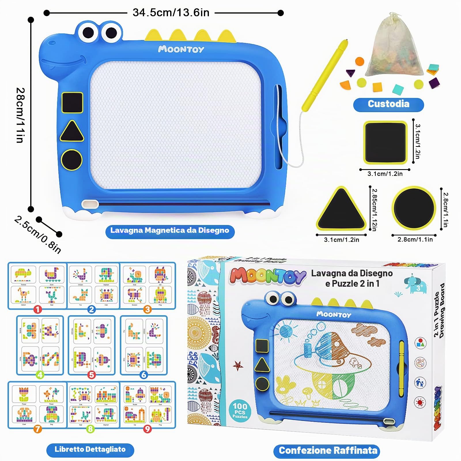 MOONTOY Lavagna Magnetica per Bambini, 2 in 1 Lavagna Magnetica Tangram Puzzle Bambinio 3 Anni, Lavagnetta Cancellabile Lavagna Magica Giochi Bambini 2 Anni, Regalo Bambino 2 3 4 5 Anni