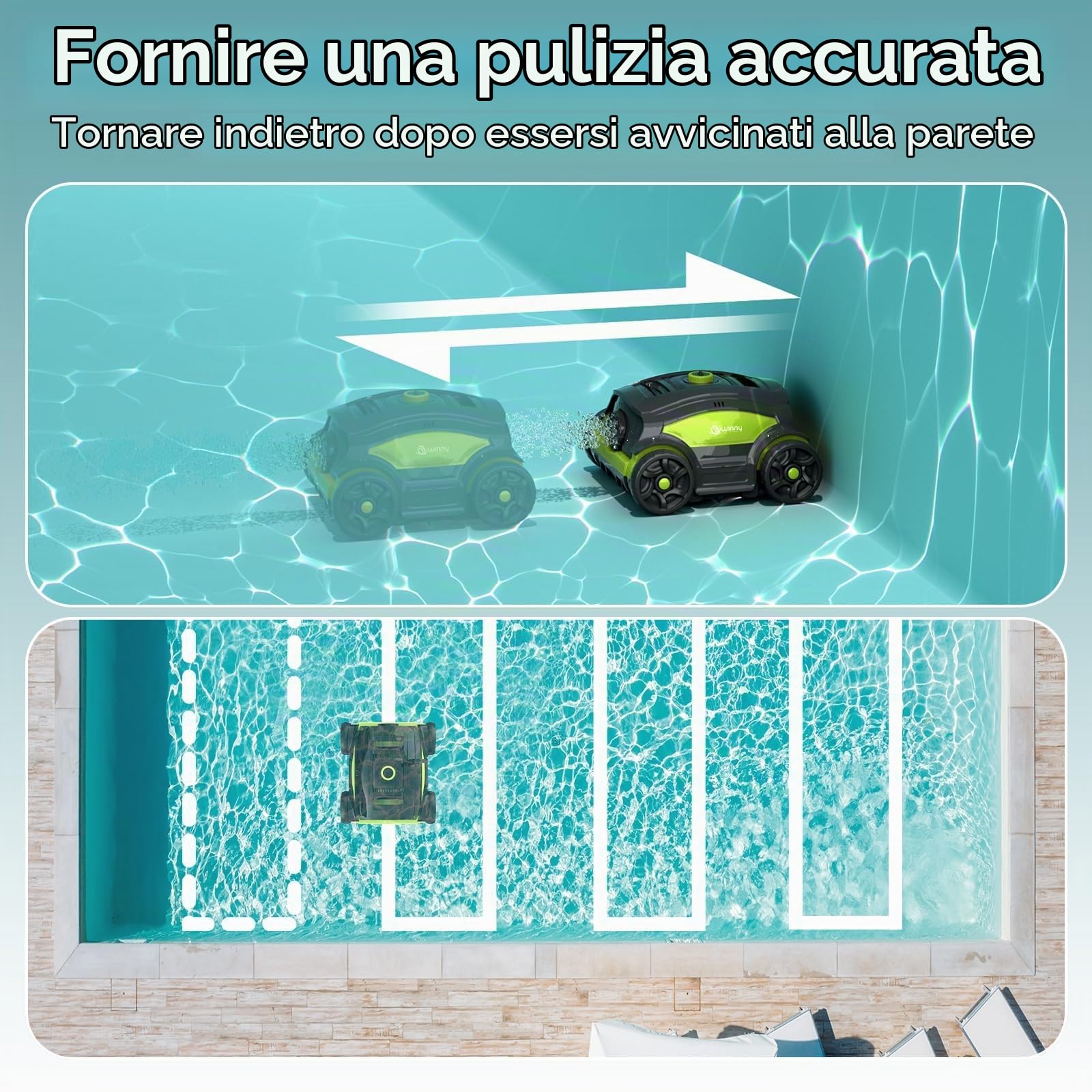 WINNY POOL CLEANER Winny 300II Robot Piscina Fuori Terra,Aspiratore Piscina Senza Fili,120 Min,LED,Filtro 180μm,Parcheggio Automatico,Aspirapolvere Piscina per Piscine Fino A 100m²-Nero Verde