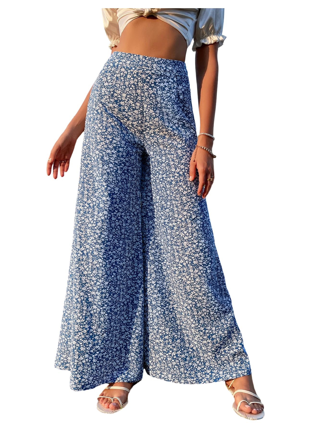 Floerns Womens Summer Beach Floral Pants High Waisted Wide Leg Palazzo Lounge Trousers