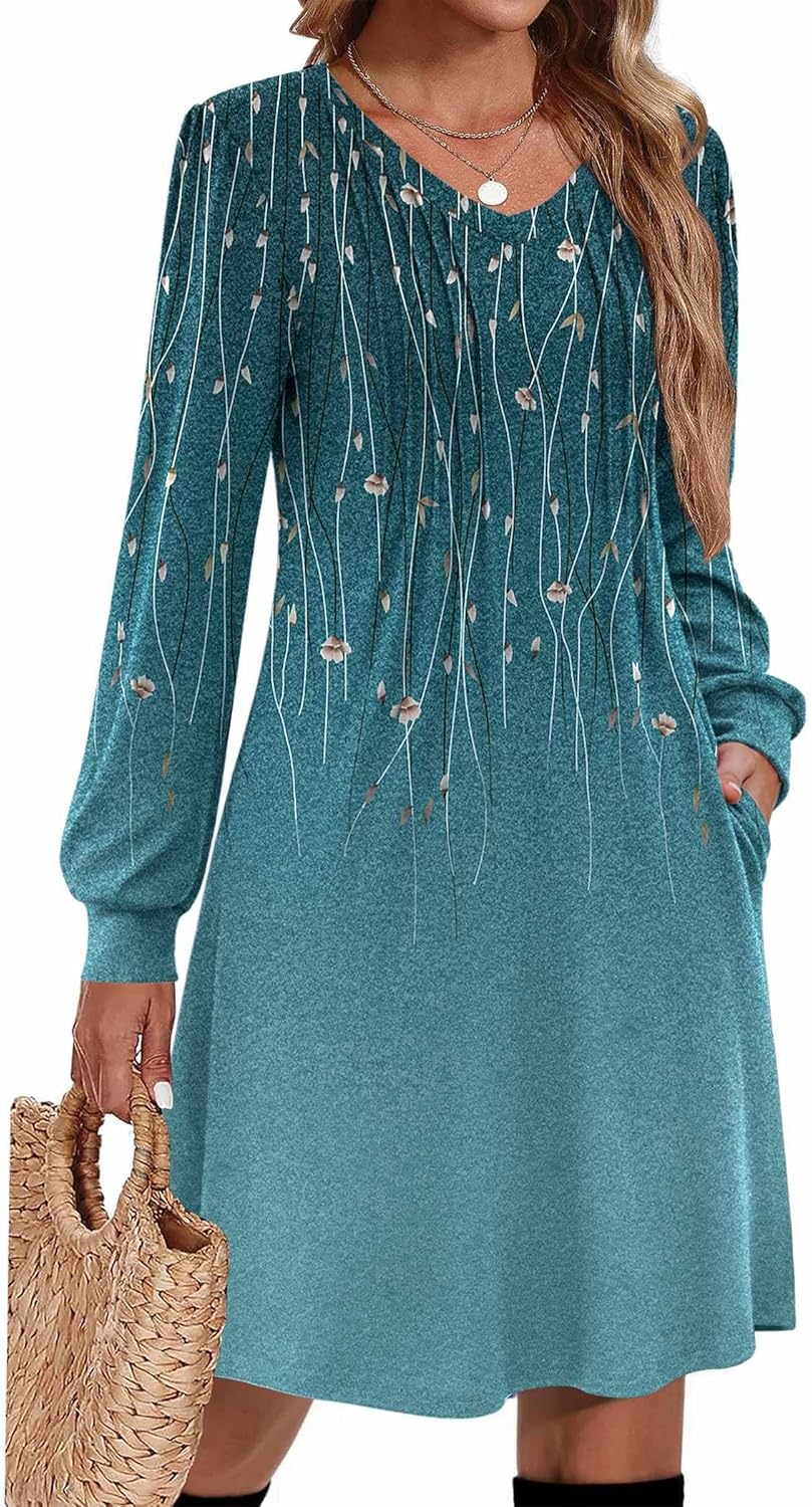 Zeagoo Fall Dresses for Women Long Sleeve Casual Pleated V Neck Dress 2025 A Line Tunic Dress Zeagoo Fall Dresses for Women Long Sleeve Casual Pleated V Neck Dress 2025 A Line Tunic Dress