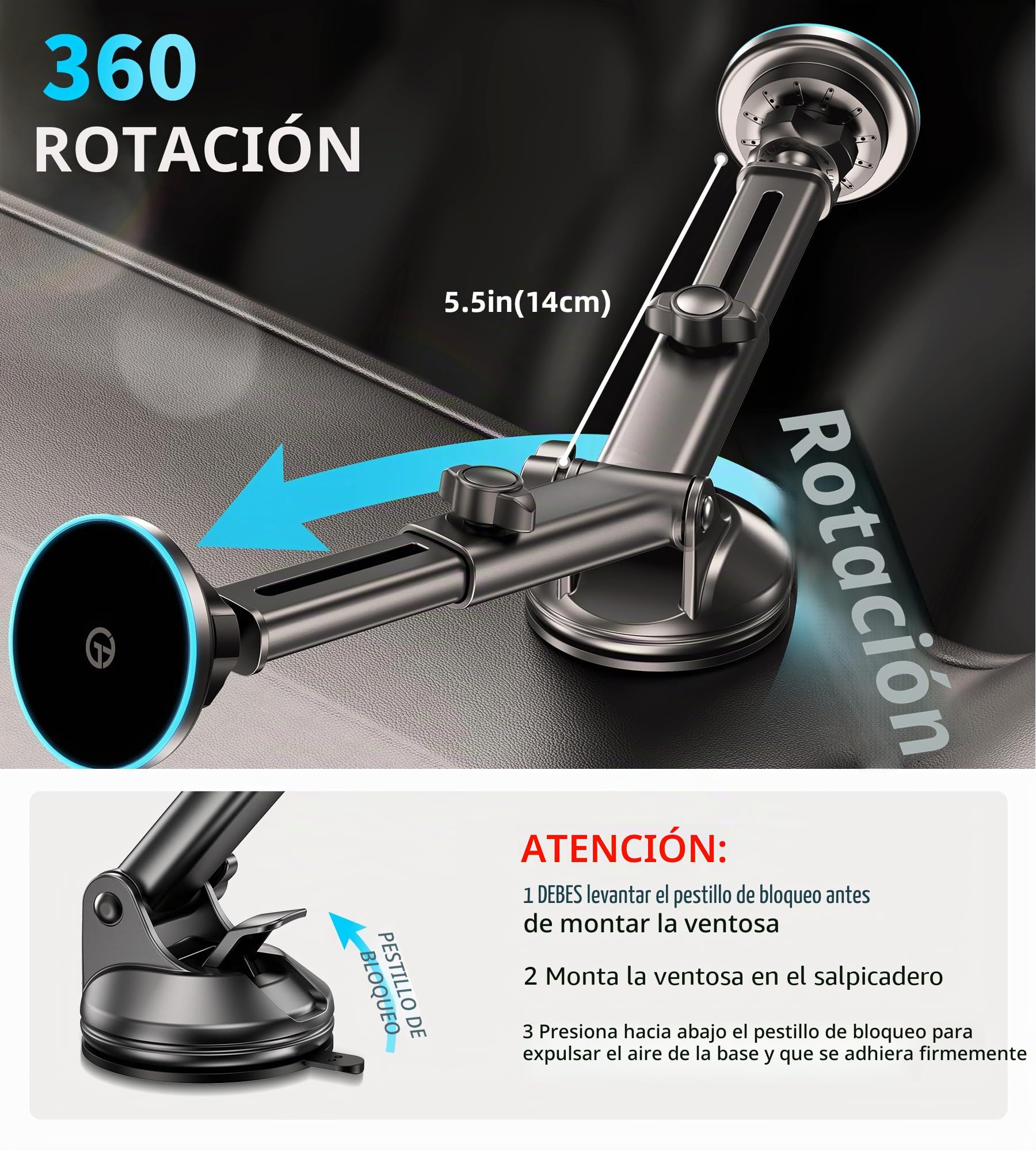 Soporte Coche mag-Safe con 【LED Light】para la Alineación de la Noche Cargador Inalambrico i-Phone Coche para Salpicadero Ventilacion Parabrisas para i-Phone 17 16 15 14 13 12 Series