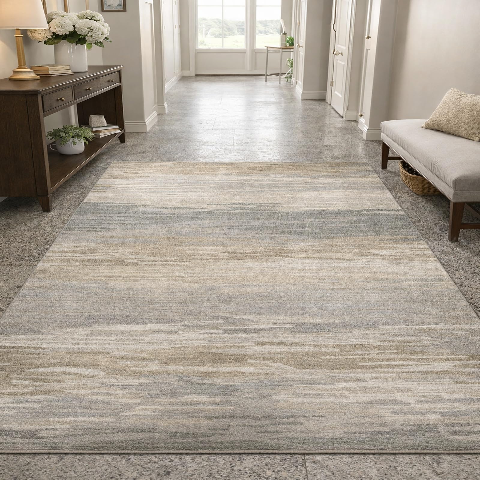 Tapis carré 150x150 cm abstrait moderne beige gris marron pour salon et chambre