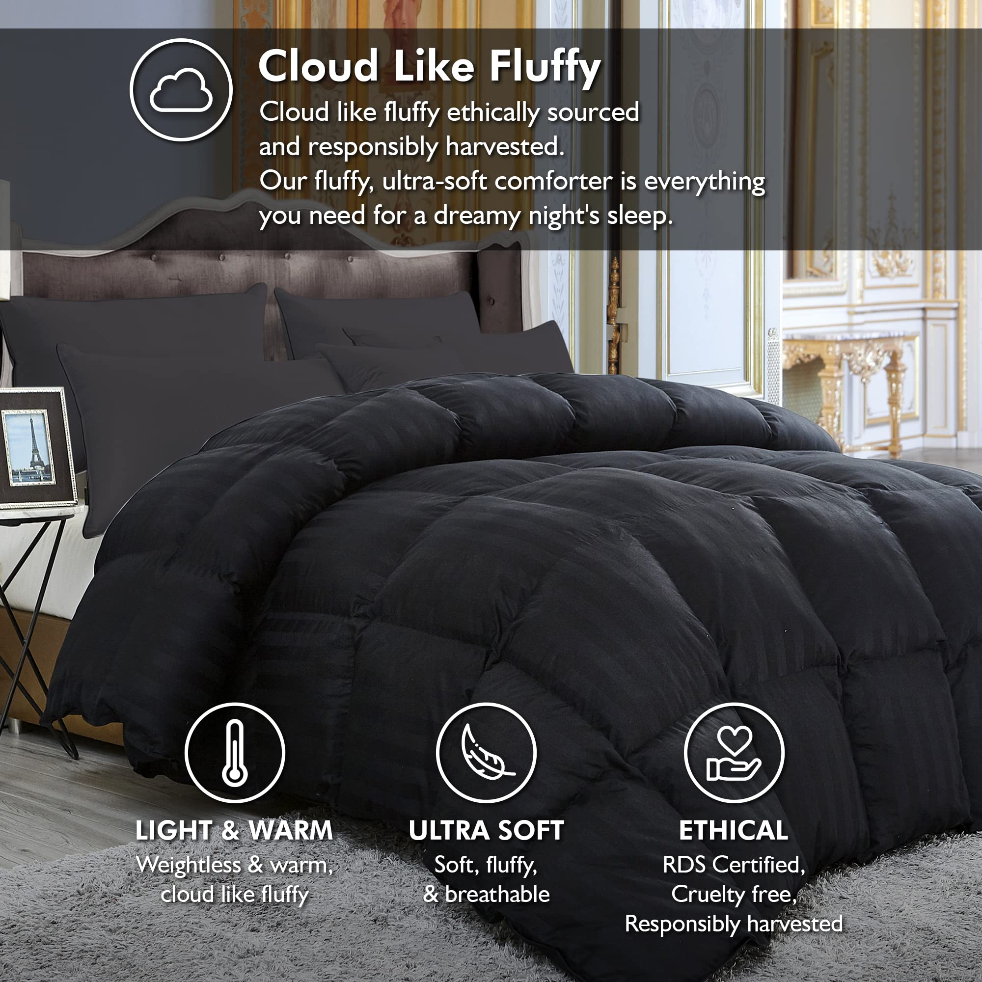 Luxurious Down Fiber and Waterfowl Feather Fiber Comforter Duvet Insert, 100% Cotton Cover, Black Stripe (King, Black)