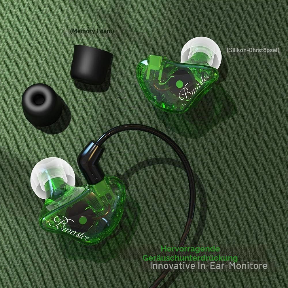 BASN Bmaster In-Ear-Kopfhörer, dreifache Treiber, Geräuschisolierung, kabelgebundene Kopfhörer mit zwei abnehmbaren MMCX-Kabeln, für Musiker, Schlagzeuger, Sänger, Bühne, Grün