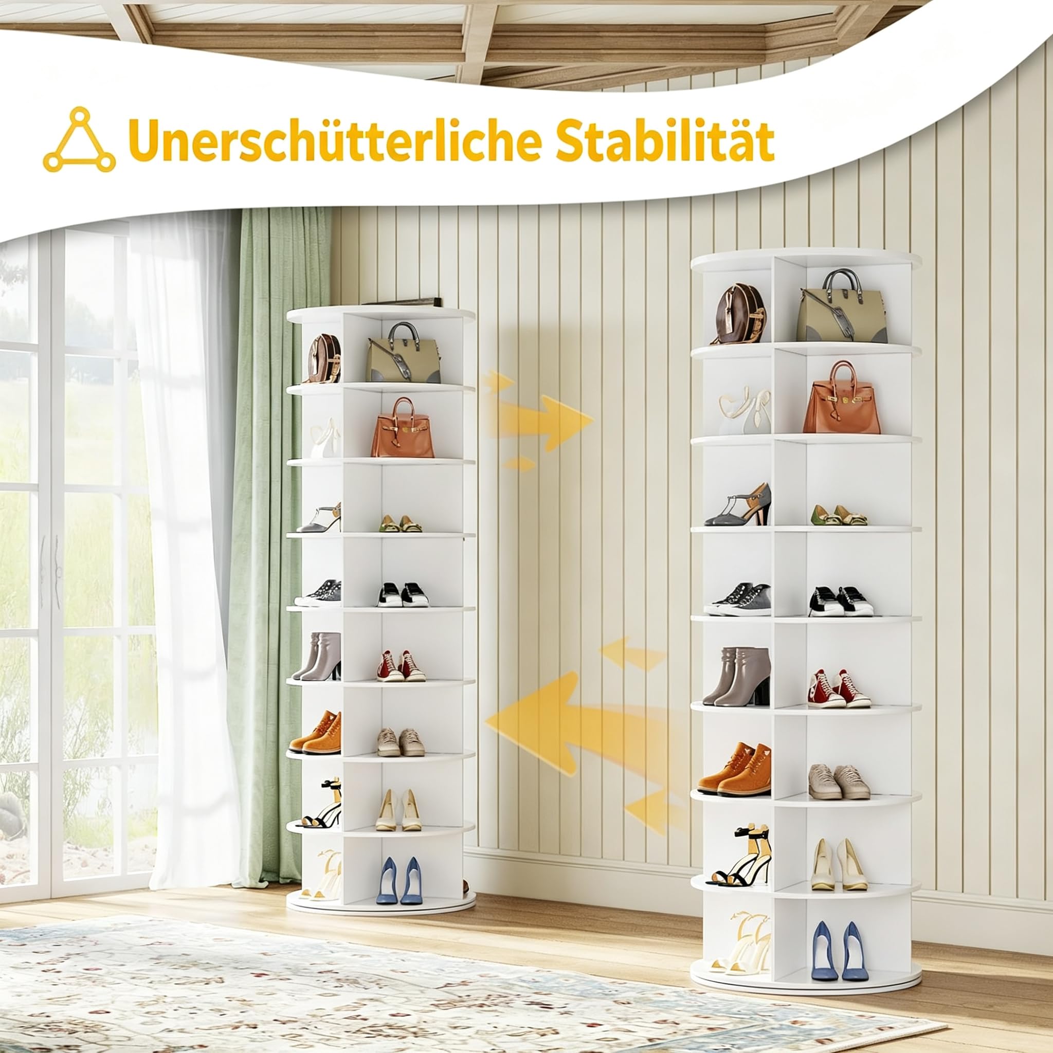 YODOLLA 8-stöckiges drehbarer Schuhregal, Weiß | platzsparender Aufbewahrungsständer für Schuhe & Taschen, ideal für Wohnzimmer, Flur & Schlafzimmer