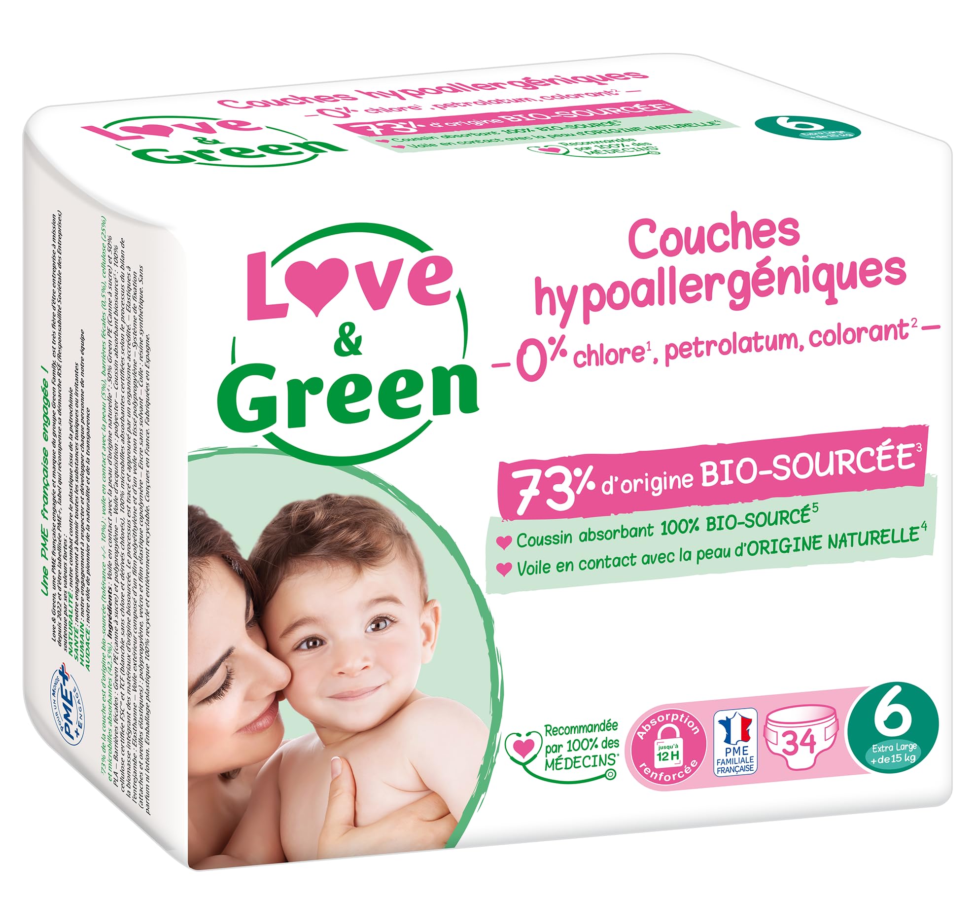 Love & Green - Couches Bébé Saines et Ecologiques - Taille 6 (15+ kg) - 34 couches - Absorbante, anti-fuites et sans ingrédients indésirables