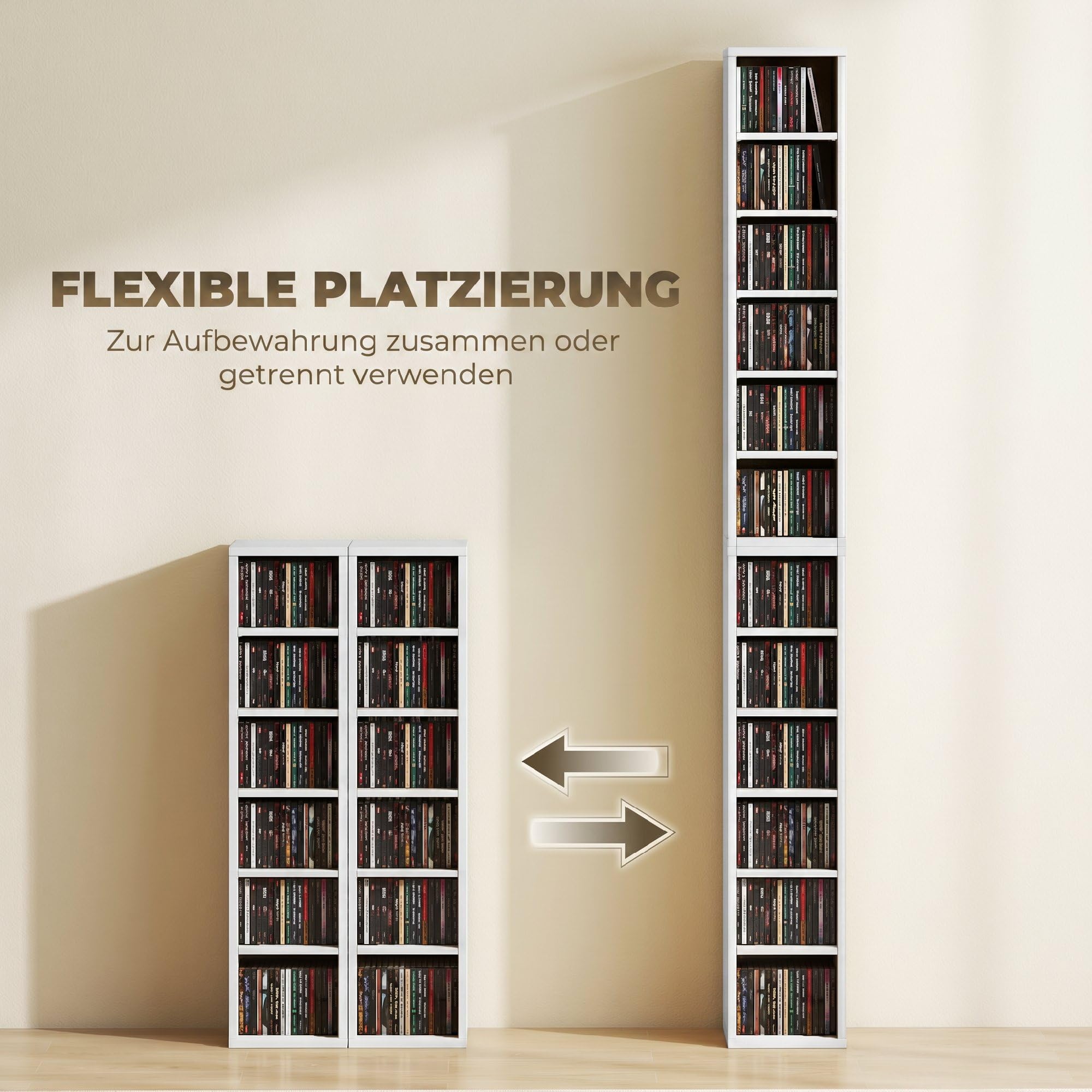 HOMCOM CD-, DVD- und Blu-ray-Regal 2er Set Stapelbar 21x22,5x88,5 cm Weiß | CD-Regal, Standregal mit 5 Verstellbaren Einlegeböden, Medienregal, Dekoregal Aufbewahrung