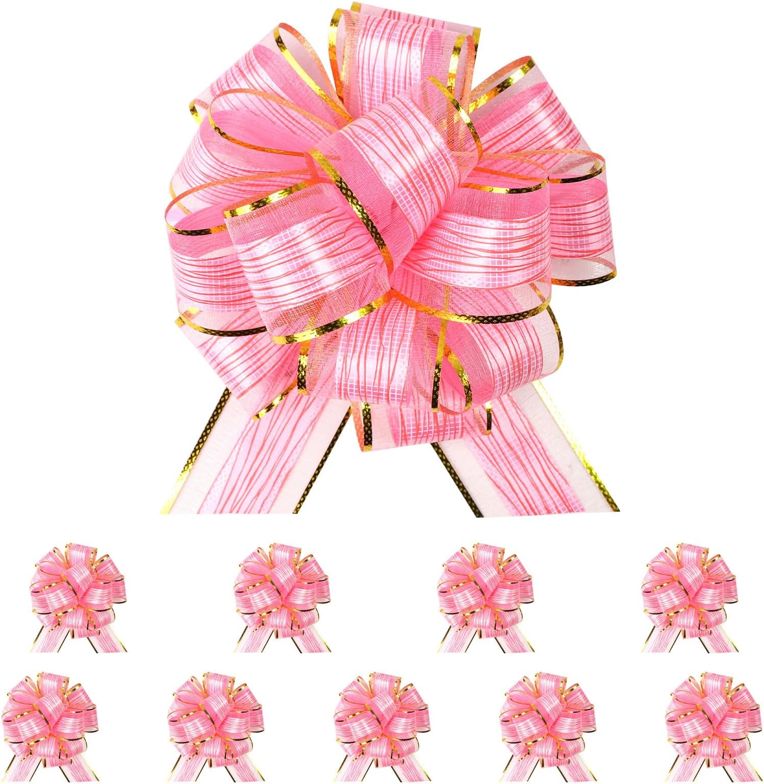 10 PCS Large Pull Bows: 6.7 inch Gold Bow for Gift Wrapping, Golden Ribbon Bows for Wedding Cars, Christmas, Valentine's, Wedding, Birthday Party, Flower Decorations Pull Bows (Pink)