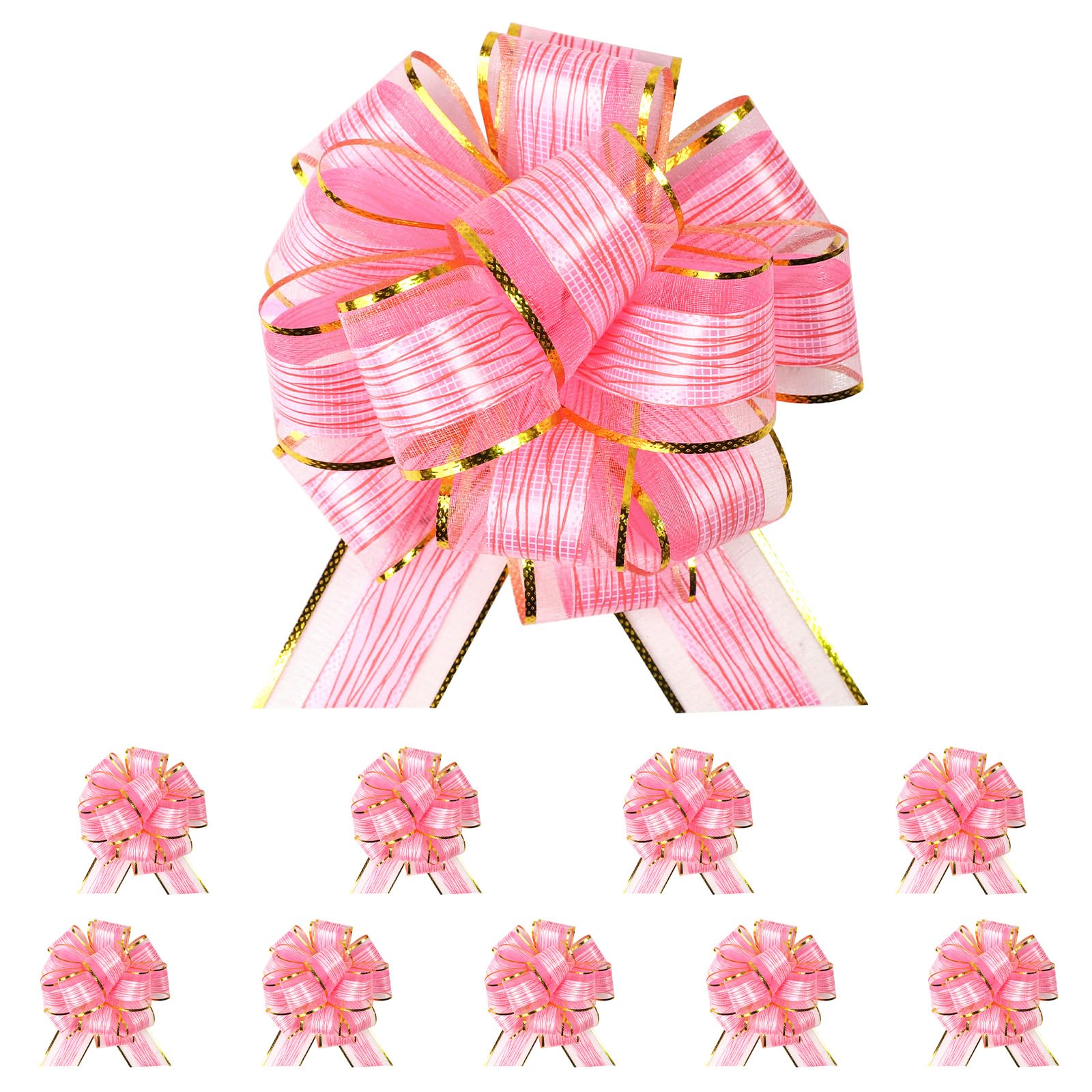 NVGVUP 10 PCS Large Pull Bows: 6.7 inch Gold Bow for Gift Wrapping, Golden Ribbon Bows for Wedding Cars, Christmas, Valentine's, Wedding, Birthday Party, Flower Decorations Pull Bows (Pink)