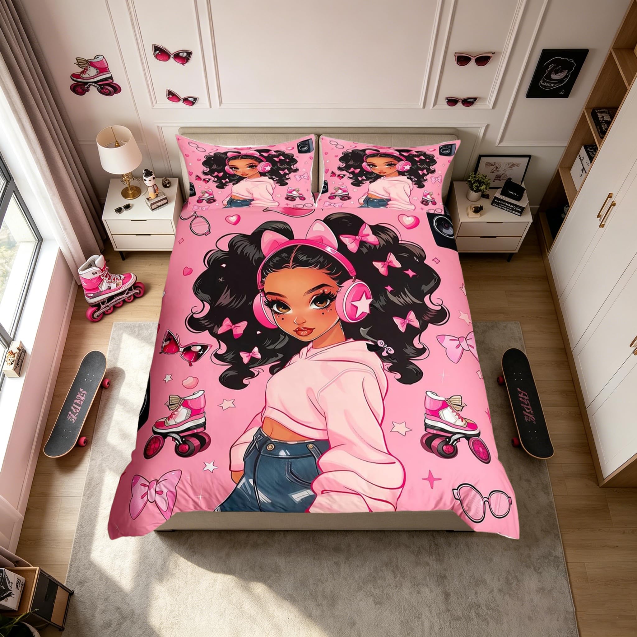 Homemissing Fashion African American Duvet Cover Set Single Size For Kids Boys Girls Hippie Girls Bedding Set Musical Duvet Cover with 1 Pillowcase Pink Bow Bedding โ image 1