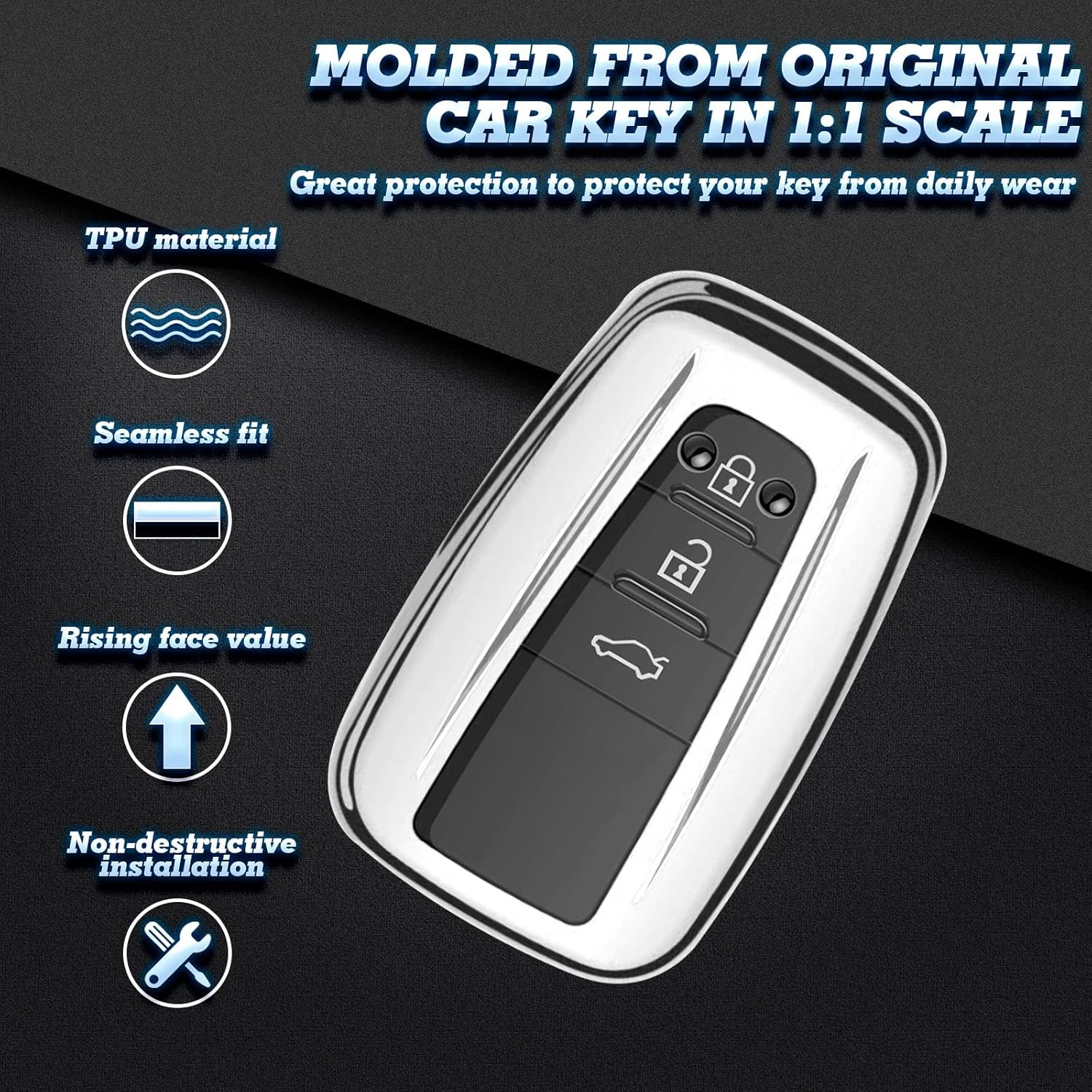 x xotic tech Set(2Pcs) Blue + Silver TPU Key Fob Shell Full Cover Case, Compatible with Toyota RAV4 Camry Highlander Corolla Avalon C-HR Prius GR 86 Scion iM Smart Keyless Entry Key