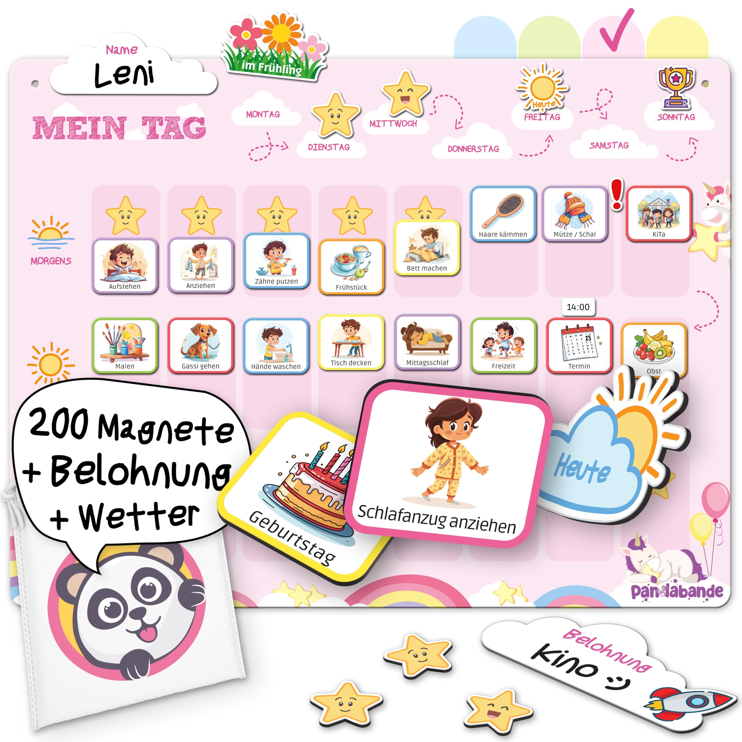 »PANDABANDE« Montessori Tagesplaner Kinder Routine [Belohnung, Wetter, 208 Magnete] - Tagesablauf Plan für Morgenroutine & Abendroutine - Idealer Tagesplan Magnetisch, Routineplaner Kind (Einhörner)