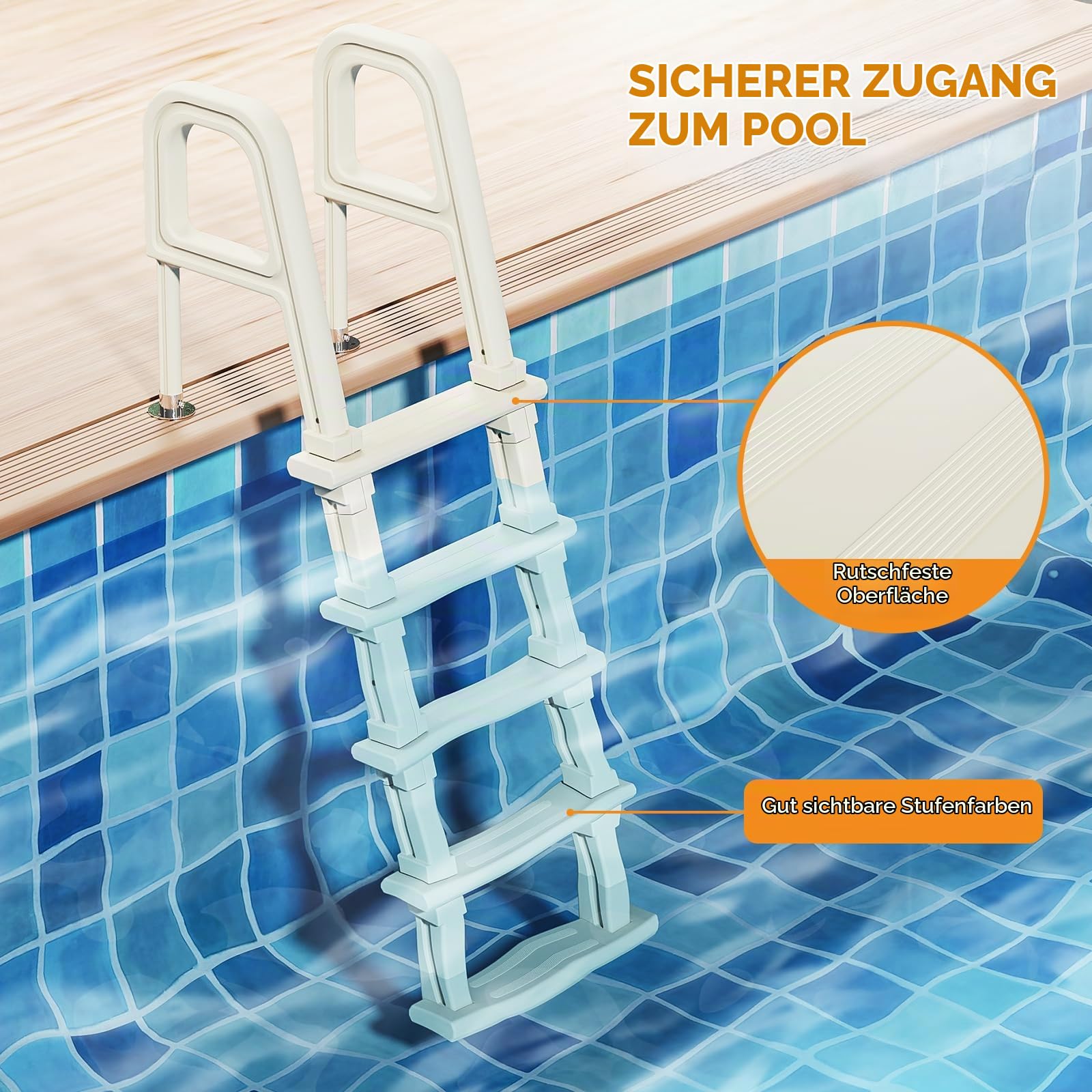 Bonnlo Poolleiter, Pooltreppe aus Kunststoff, mit rutschfesten Streifen und Handläufen, 5-stufig, bis 180 kg belastbar, für Oberirdische/Einbaupools, Weiß
