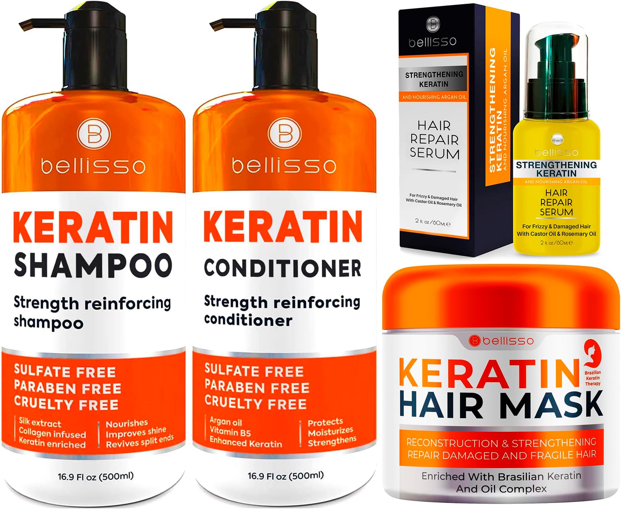 BELLISSO Keratin Shampoo and Conditioner Set, Keratin Hair Mask and Serum