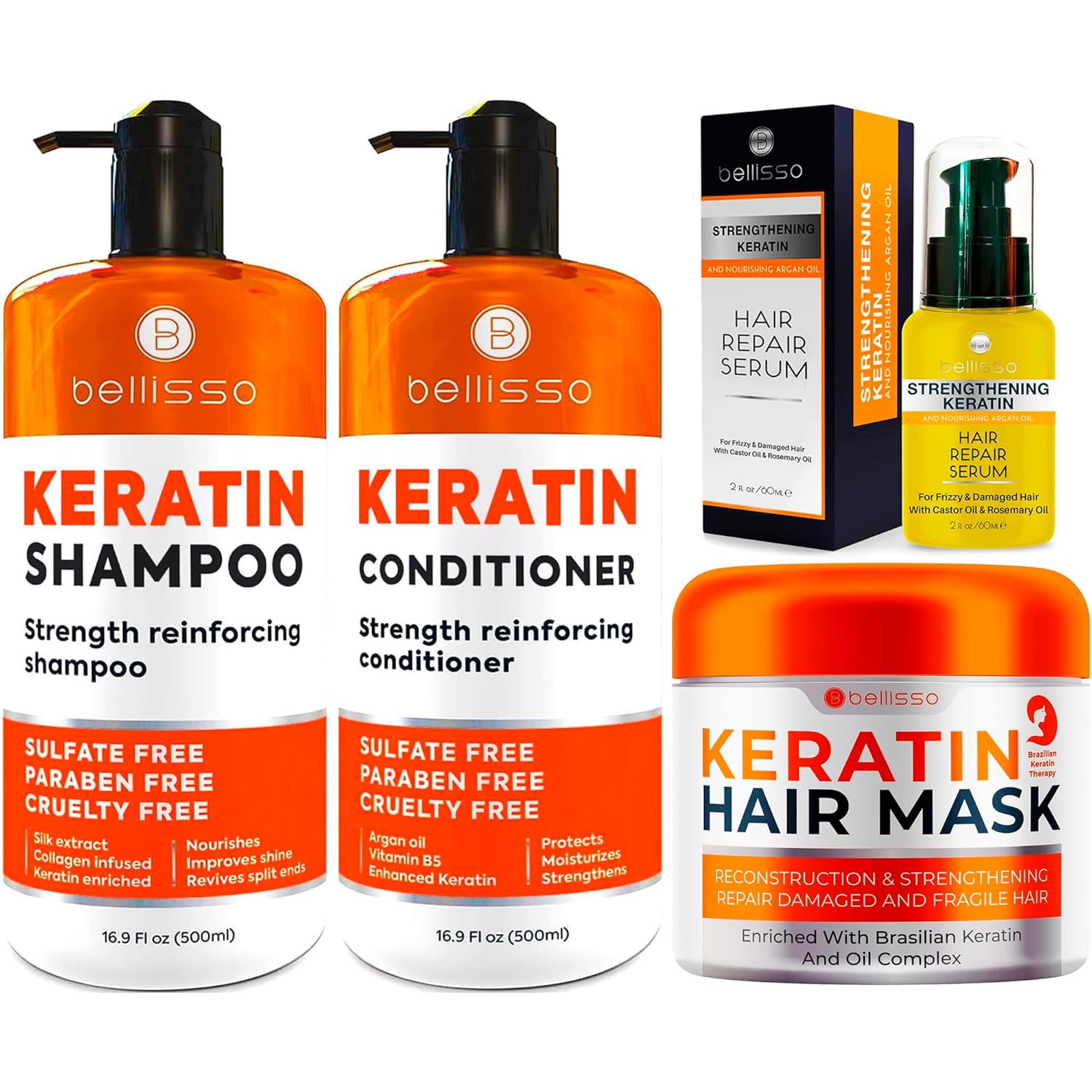 BELLISSO Keratin Shampoo and Conditioner Set, Keratin Hair Mask and Serum