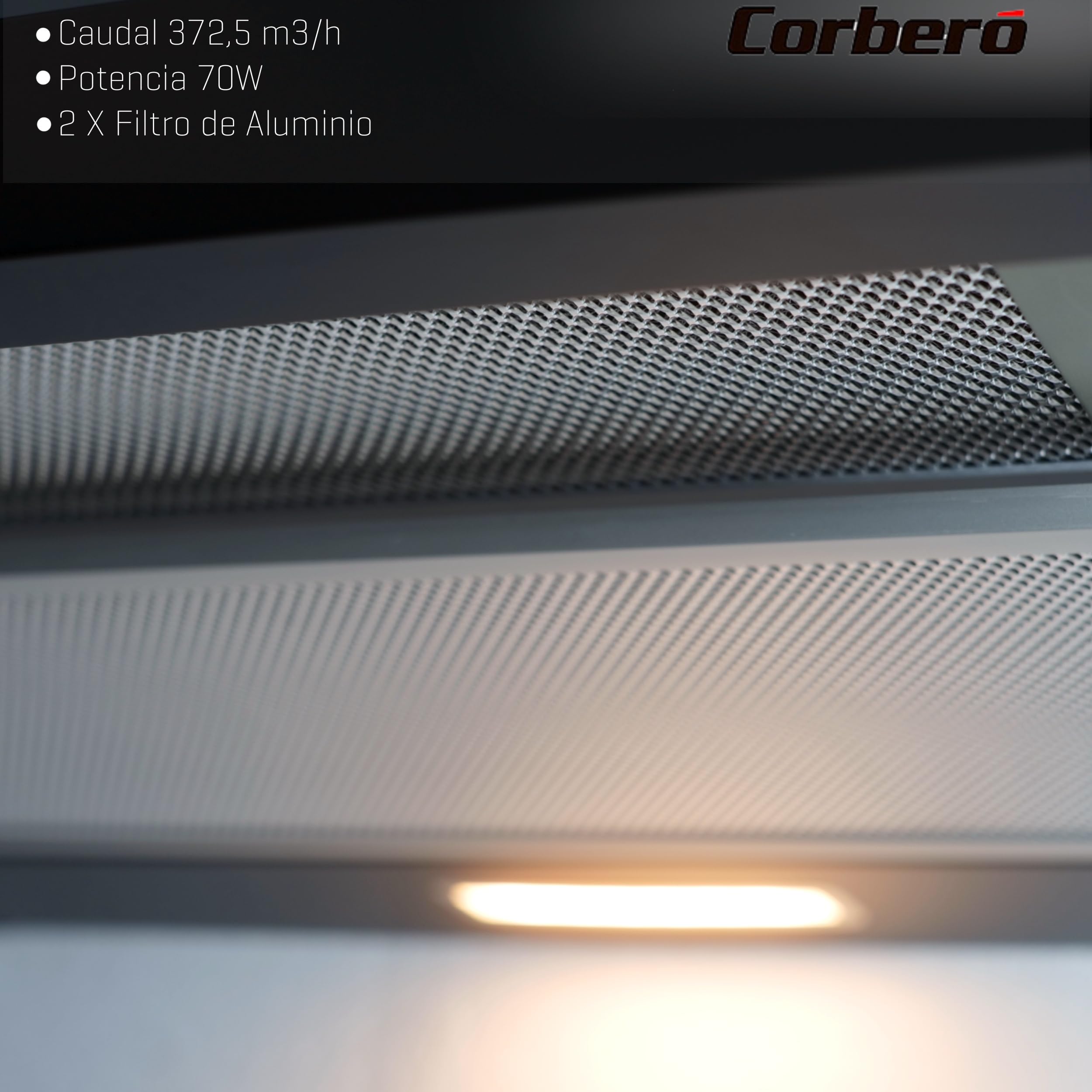Corberó VINSON635B Okap Teleskopowy Czarny, 60 cm, Przepływ 350 m3/h, Moc 65 W, 2 Prędkości, Filtr aluminiowy 3 warstwy, Filtr węglowy, Efektywność energetyczna B