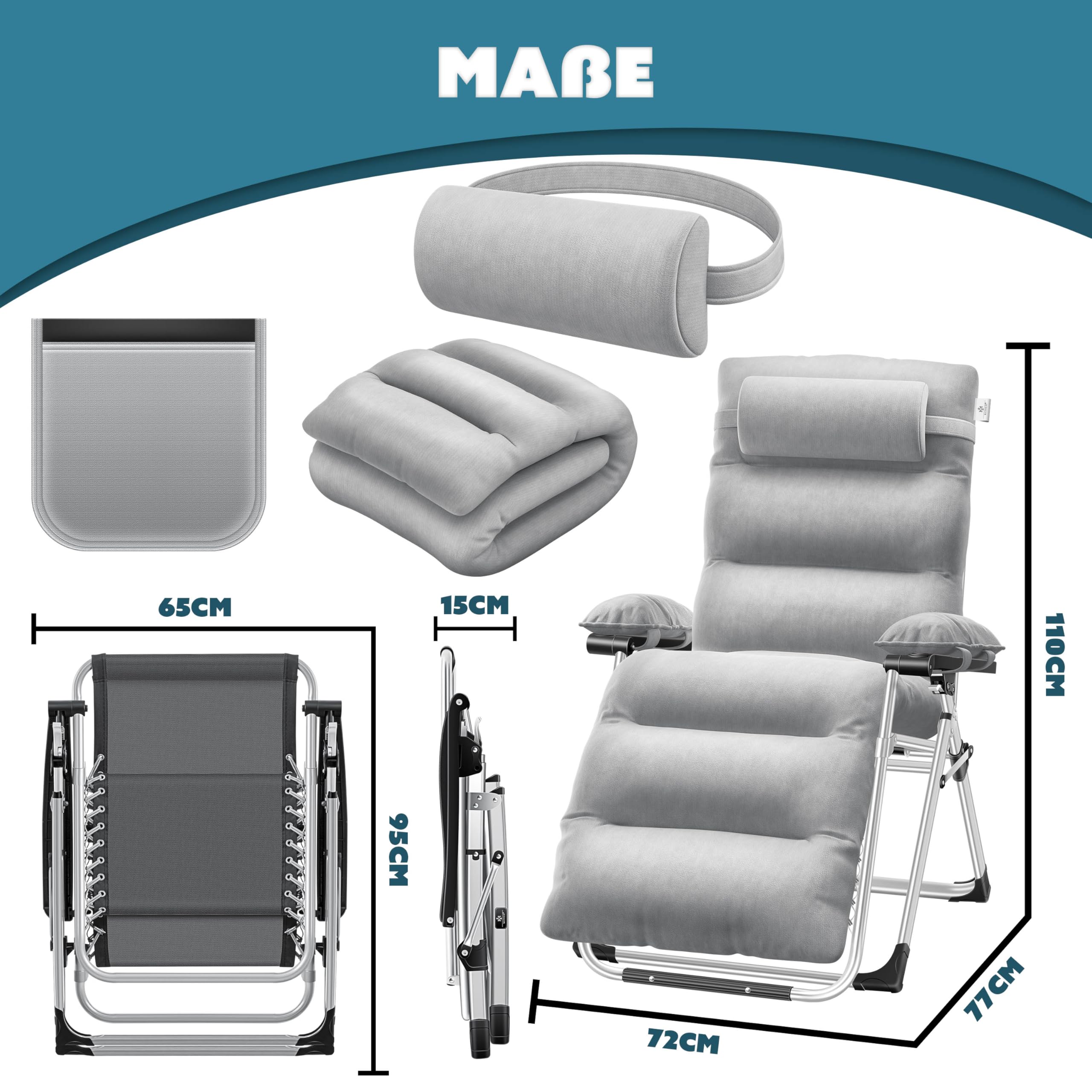 KESSER® Chaise longue pliable XXL, résistante aux intempéries, capacité de charge 200 kg, revêtement ergonomique, dossier réglable, coussin cervical, porte-gobelet et coussin pour bras, Basic - Gris