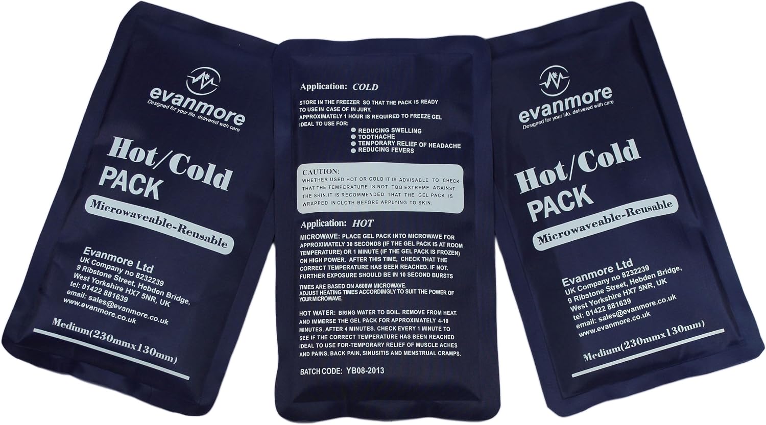 Reusable Hot Cold Gel Pack Packs - 3 x Evanmore, Easy to use - Flexible - Long Lasting - Knee, Shoulder wrap - 13 x 23cm