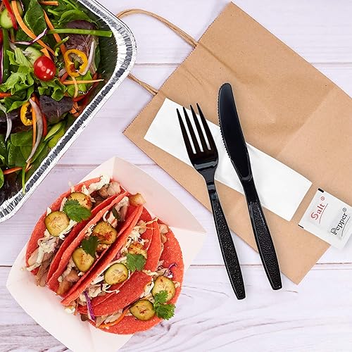 Miniatura 4 de Karat [ 250 unidades] Juego de cubiertos de plástico PS envuelto en negro con servilleta (cuchillo, tenedor, servilleta de 1 capa, sal y pimienta)