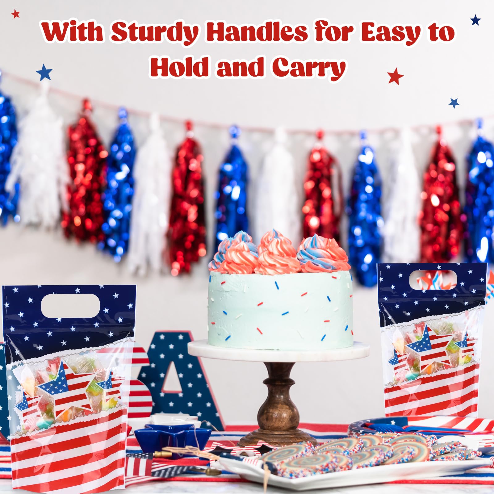 Fuutreo 50 Pcs 250th Anniversary Bags Patriotic Clear Sealed Pouches with Handles Resealable 4th of July Plastic Gift Bag for Independence Day Memorial Labor Day Candy Gift Wrap Supplies Decoration