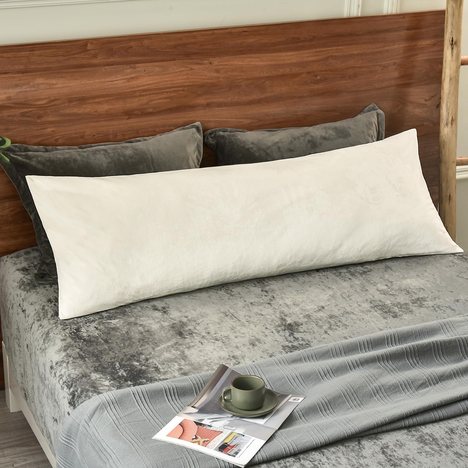 phf super soft velvet zippered body pillowcase, no insert, 1 pack luxury cozy warm pillow sham cover with zipper, 20"x 54" long cozy fuzzy flannel pillow case, cream