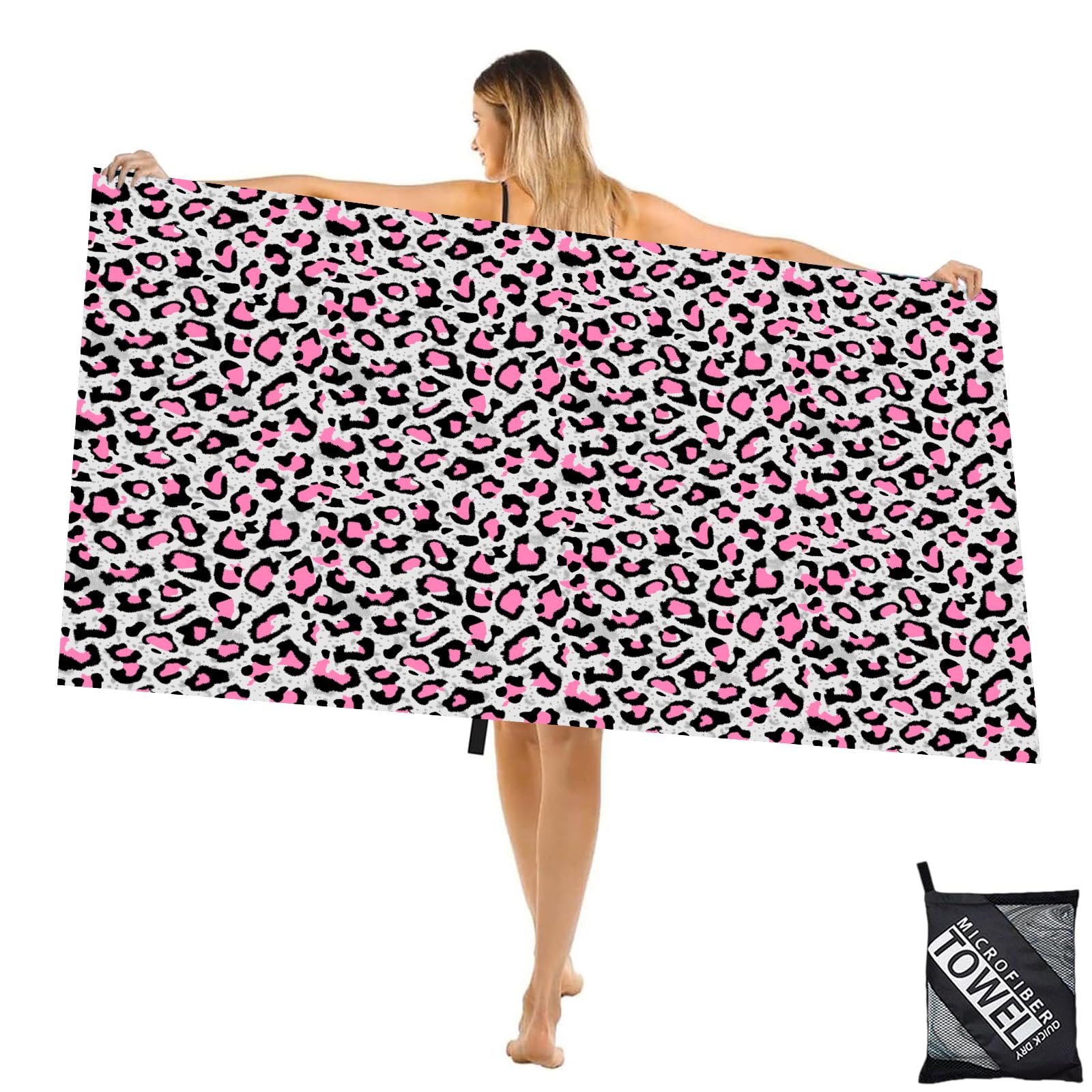 Large Microfibre Beach Towel for Adult,160x90cm Double Side Pink Gray Leopard Printed Sand Free Beach Towel,Lightweight Quick Dry Travel Swim Towel Bag,Compact and Thin Sports Towel Yoga Gym for Women