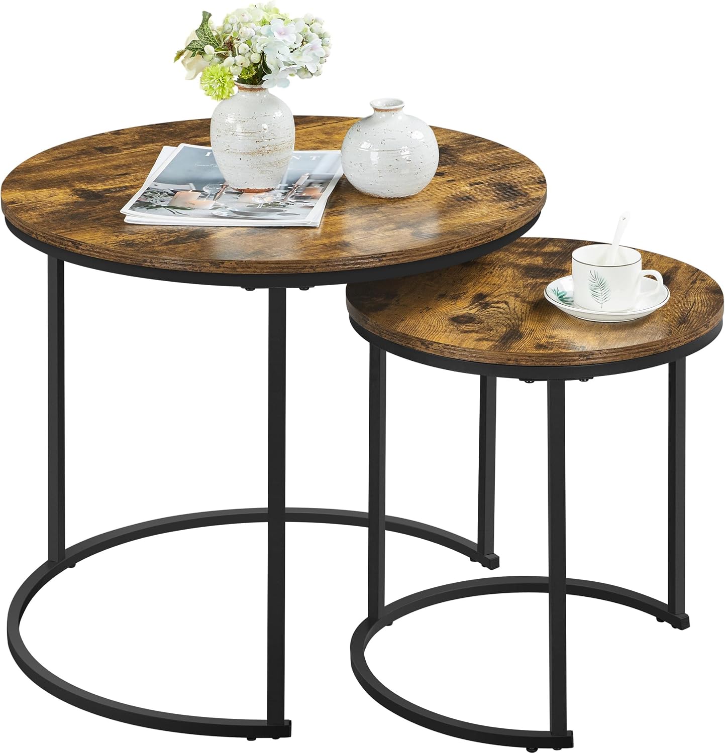 Yaheetech Nesting Coffee Table，Retro Nesting Table for Living Room, Round Coffee Table Nesting End Table Set of 2 Stacking Side Tables with Wooden Tabletop and Sturdy Metal Frame, Rustic Brown