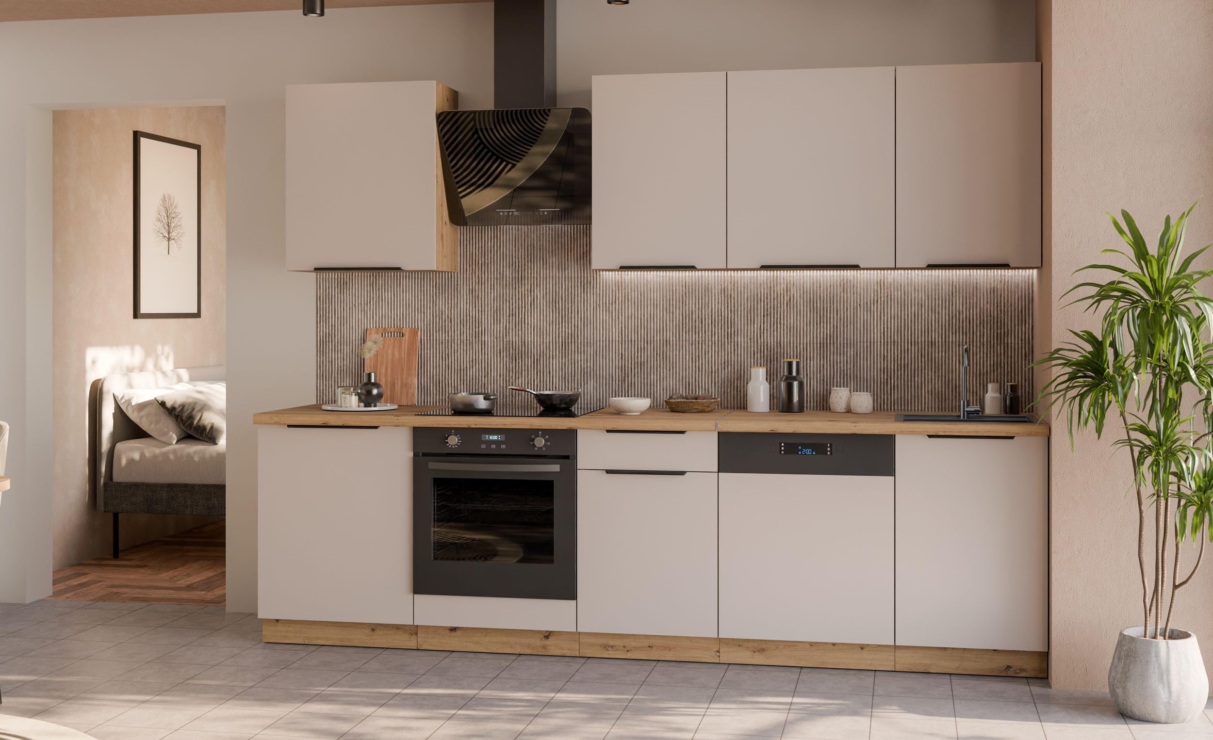 Küche Solano Basic 280 cm Küchenzeile – Kaschmir beige matt + Eiche Artisan matt