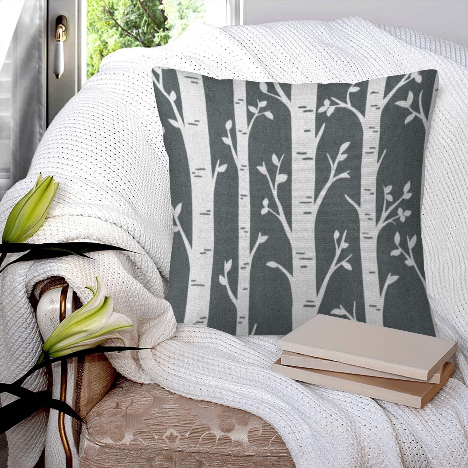 BBAUERPillow Cases Throw Pillow Covers,Pattern Birch Aspen Tree Forest Custom Wall Decals for Woodland Room Interior Wood,Square Pillowcase 18x18 Cushion Pillow Cover for Decor Sofa Bedroom