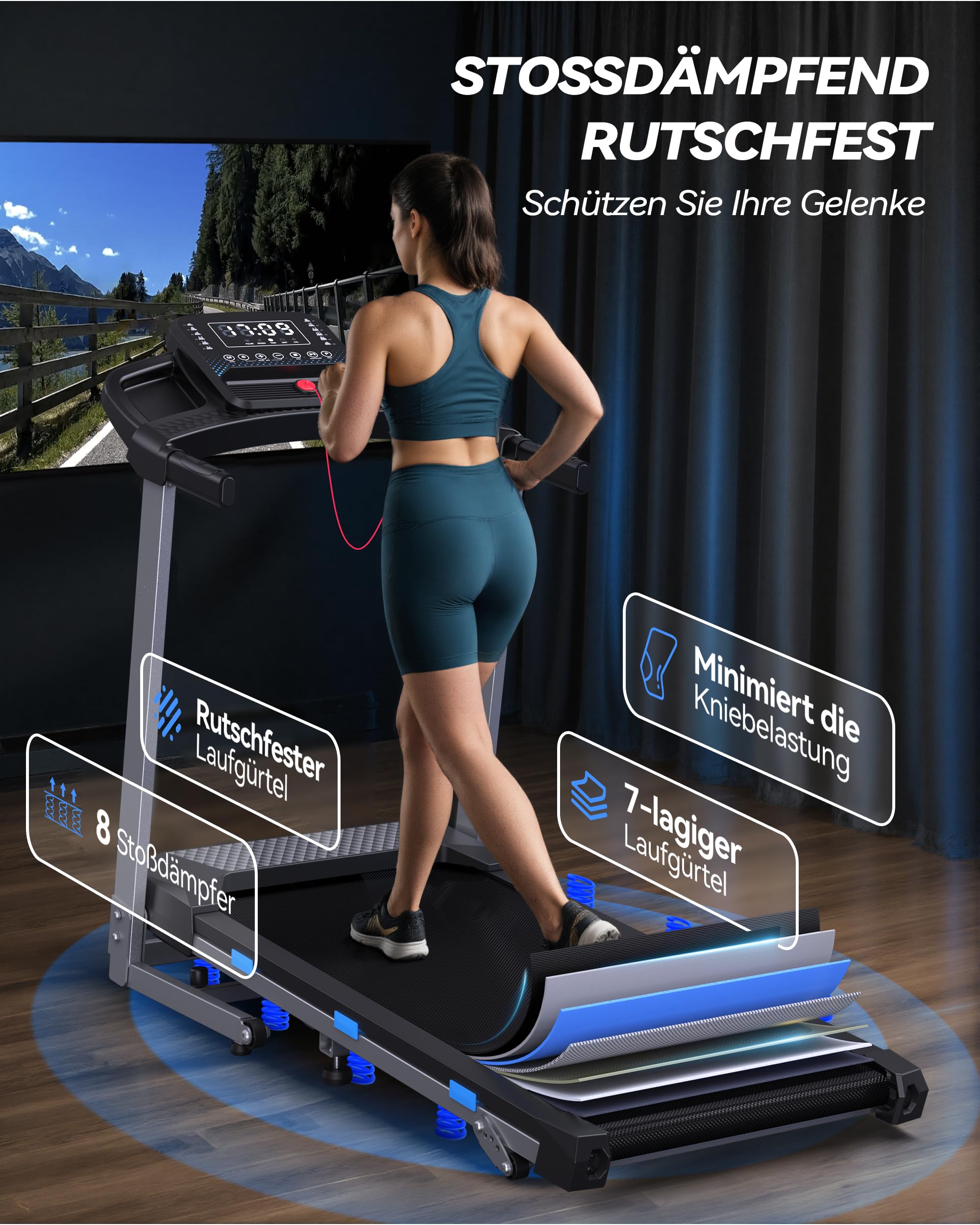 Laufband für Zuhause Klappbar, 12 km/h Treadmill mit 12 HIIT Programme, 3,5PS Leise Laufband mit Steigung, LED-Anzeige, Sprachsteuerung, Bluetooth-Lautsprecher, APP, Laufbänder bis 180KG