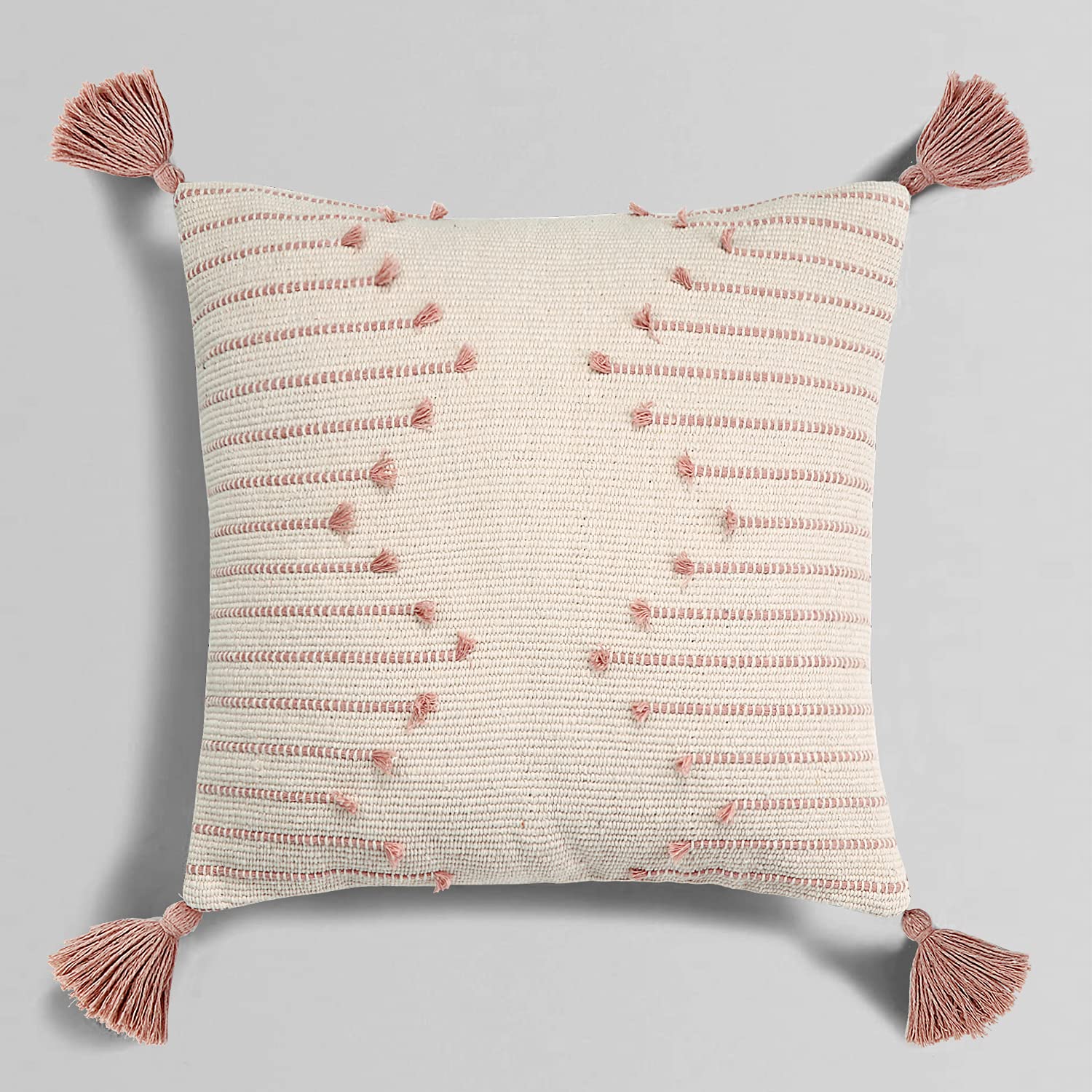 Sungea Farmhouse Pink Throw Pillow Cover, 18 x 18 Square Decorative Pillow Case, Tribal Geometric Tufted Tassels Woven Cushion Cover Accent Neutral