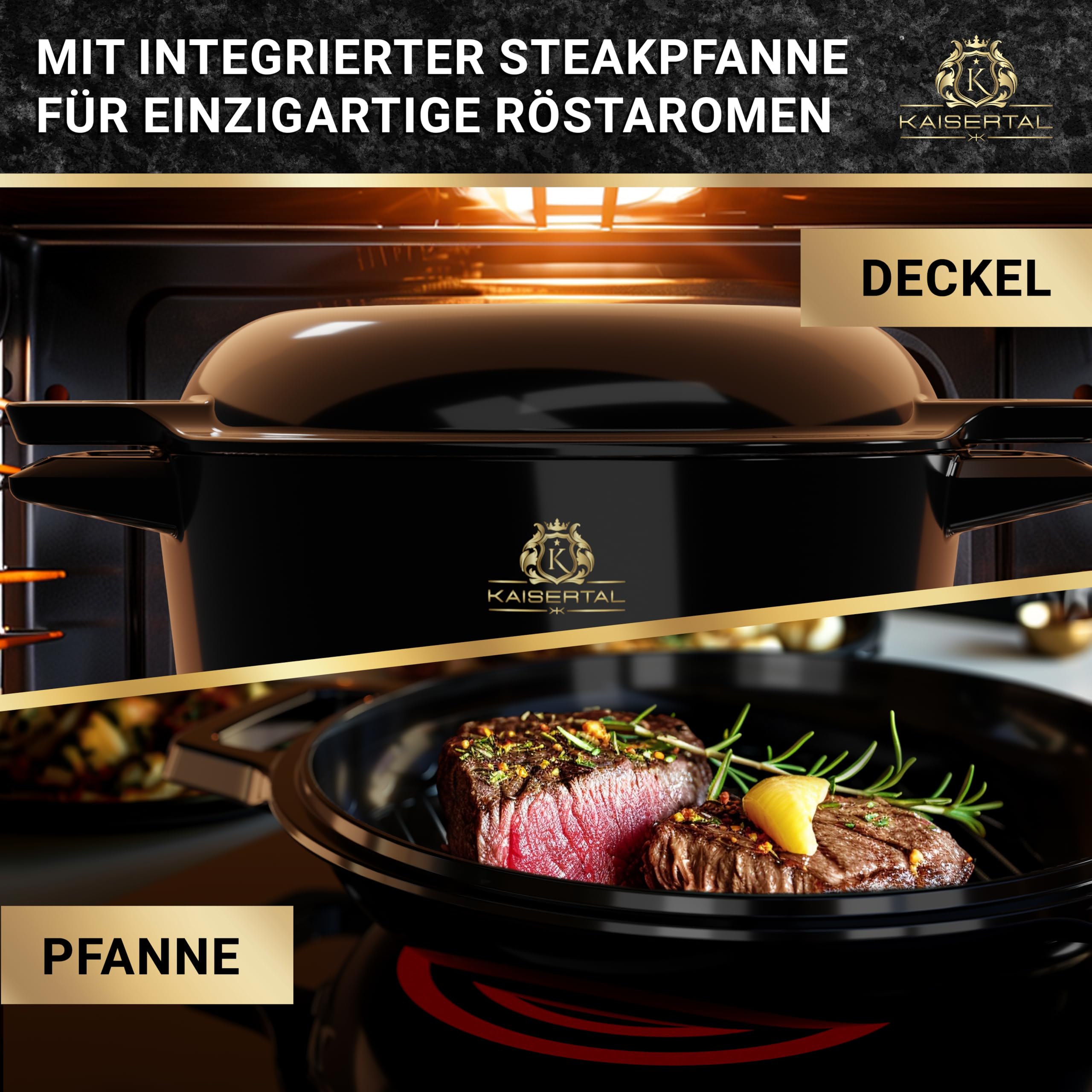 KAISERTAL Emaillierter Gusseisen Topf – 2in1 Bräter mit Deckel 4,8L & Gusspfanne 1,8L – Schmortopf mit Deckel & Gusseisen Bräter – Brotbacktopf Bratentopf Outdoor Induktion Bräterset inkl. Rezeptbuch
